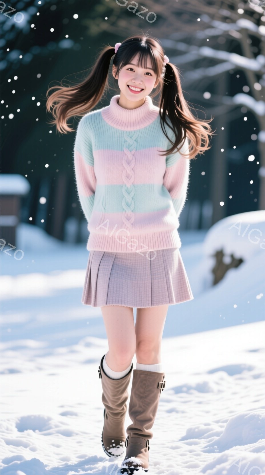 長い茶色の髪をツインテールにした若い女性が、雪景色の中を笑顔で歩いている。ピンクと水色のボーダーセーターに、淡いピンクのプリーツスカート、そして茶色のブーツを履いている。背景には雪に覆われた木々と、ぼ - AI生成フリー素材