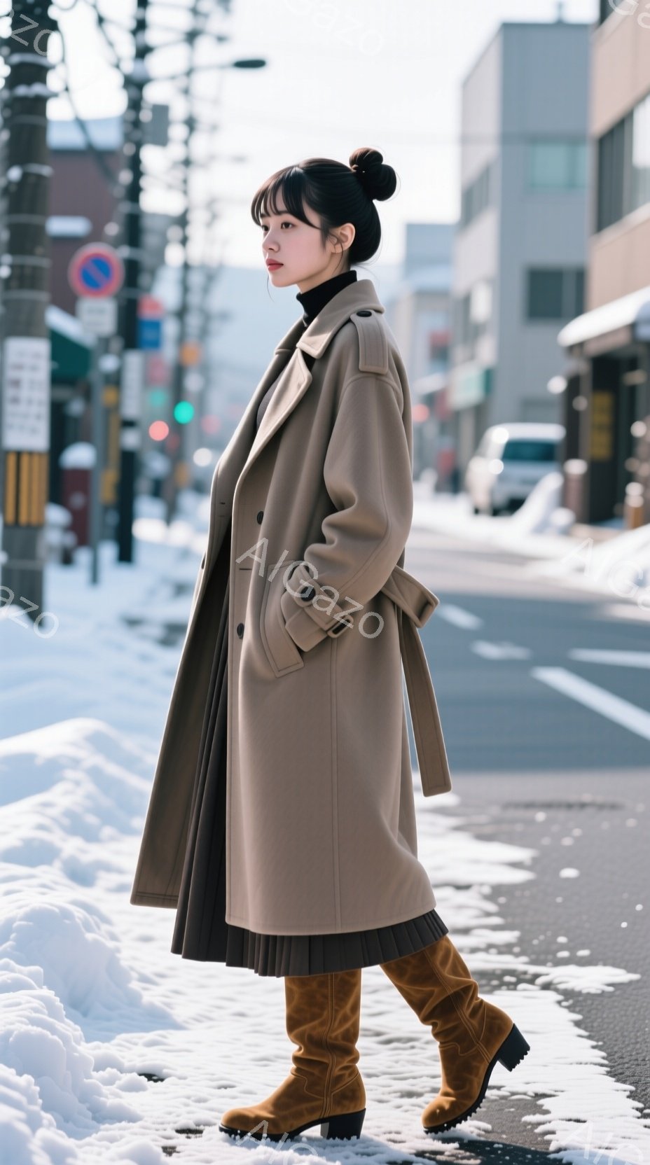茶色のロングコートを着た女性が、雪が積もった道路を歩いている。彼女はダークブラウンのプリーツスカートと、スエード調の膝丈ブーツを合わせ、髪を後ろでまとめ、少し物憂げな表情をしている。背景には、灰色の建 - AI生成フリー素材