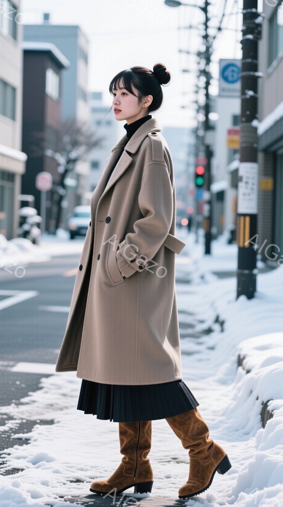 画像は、ベージュのオーバーサイズのコートを着た女性が写っています。彼女は黒いプリーツスカートとブラウンのニーハイブーツを履き、髪は後ろでまとめたアップスタイルです。背景は雪に覆われた街並みで、冬の寒々とした雰囲気が漂っています。