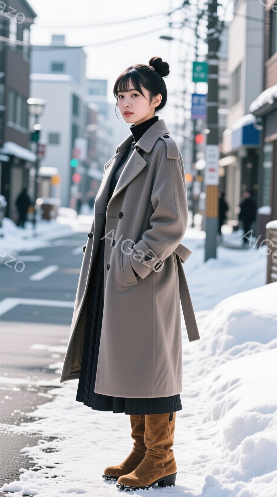 モデルはベージュのロングコート、黒のタートルネックセーター、プリーツスカート、茶色のブーツを着用し、雪が積もった街路に立っている。彼女は髪を後ろでまとめ、わずかに微笑んでカメラを見ている。背景には建物 - AI生成フリー素材