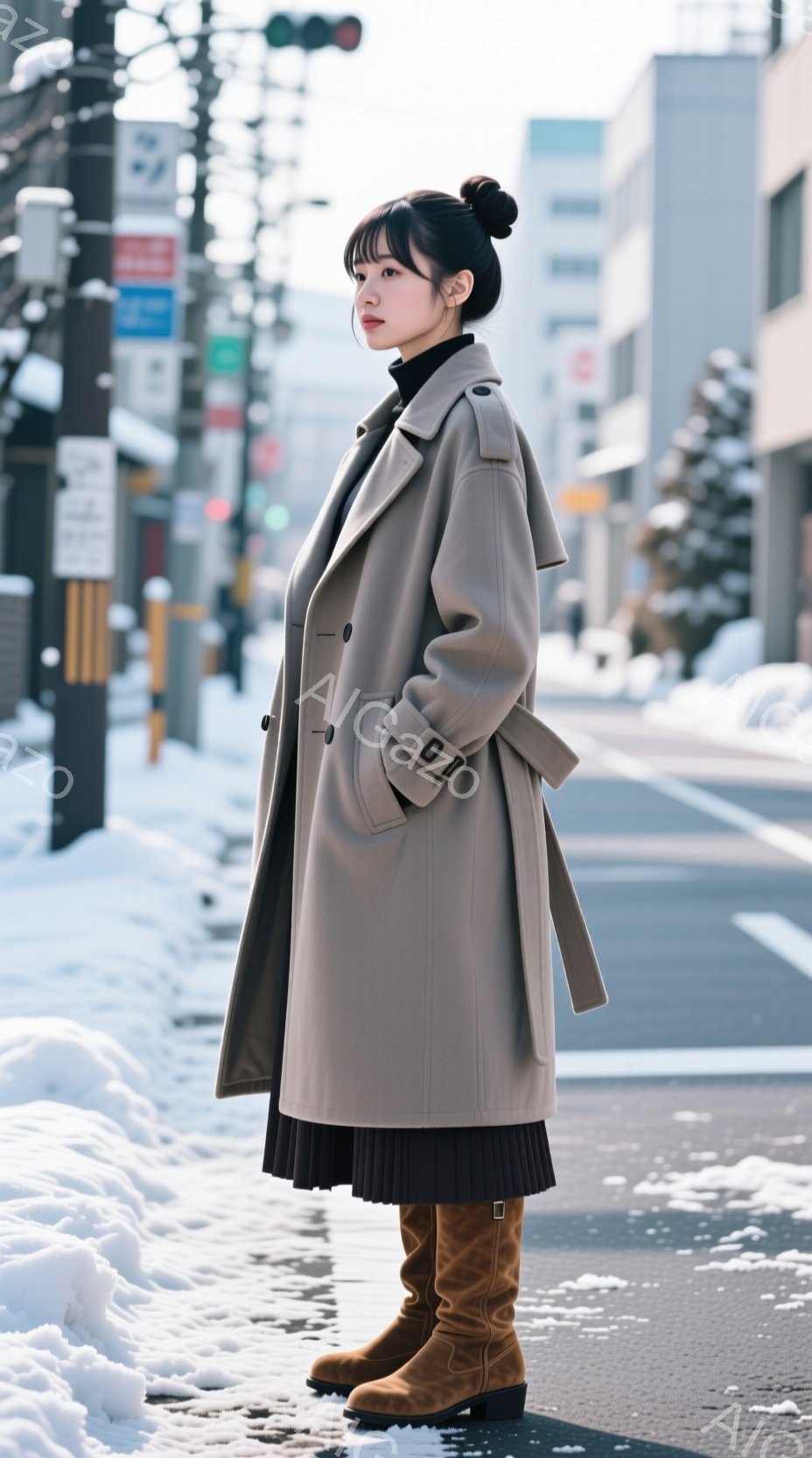 画像は、ベージュ色のロングコートを着た女性が、雪が積もった道路の端に立っている様子を捉えています。彼女は黒いプリーツスカートとスエードのニーハイブーツを履き、髪を後ろでまとめ、少し物憂げな表情をしてい - AI生成フリー素材