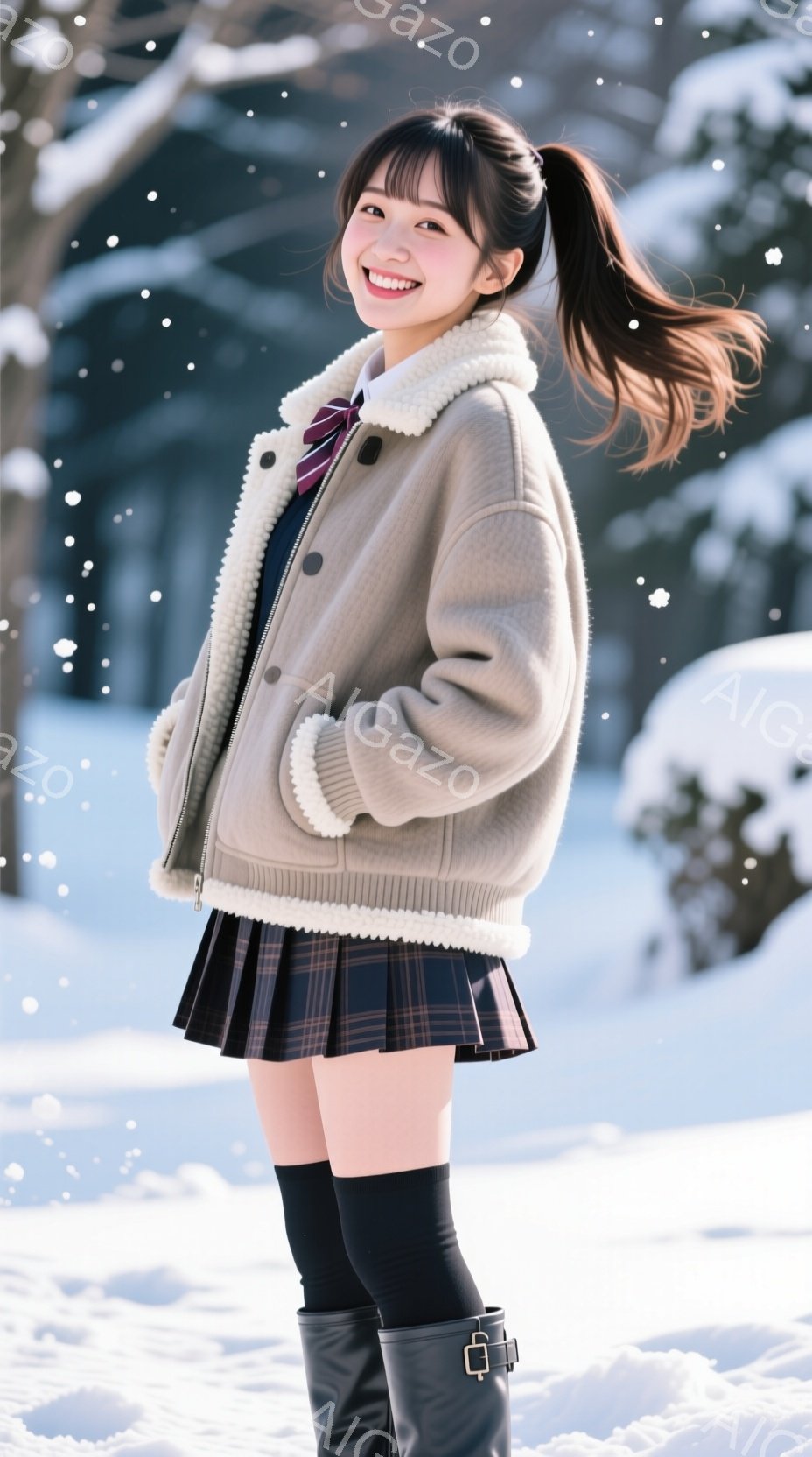 少女はチェック柄のプリーツスカートと黒いニーハイソックス、黒いブーツを履き、クリーム色のボアカラーのジャケットを着ています。彼女は明るい笑顔を見せ、髪を高くポニーテールに結んでいます。背景は雪景色で、 - AI生成フリー素材