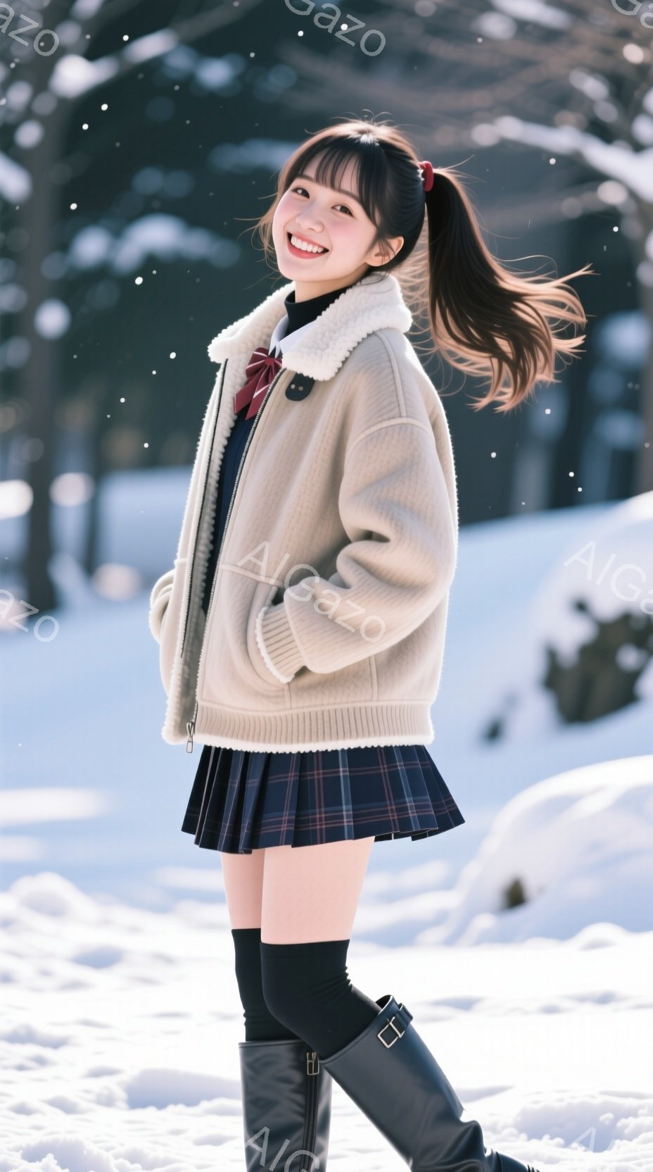 雪景色の中で、若い女性が微笑んでいます。彼女はチェック柄のスカート、黒いタイツ、膝丈の黒いブーツを履き、クリーム色のボアカラーのジャケットを着ています。髪はポニーテールにまとめられ、明るい表情で、冬の - AI生成フリー素材