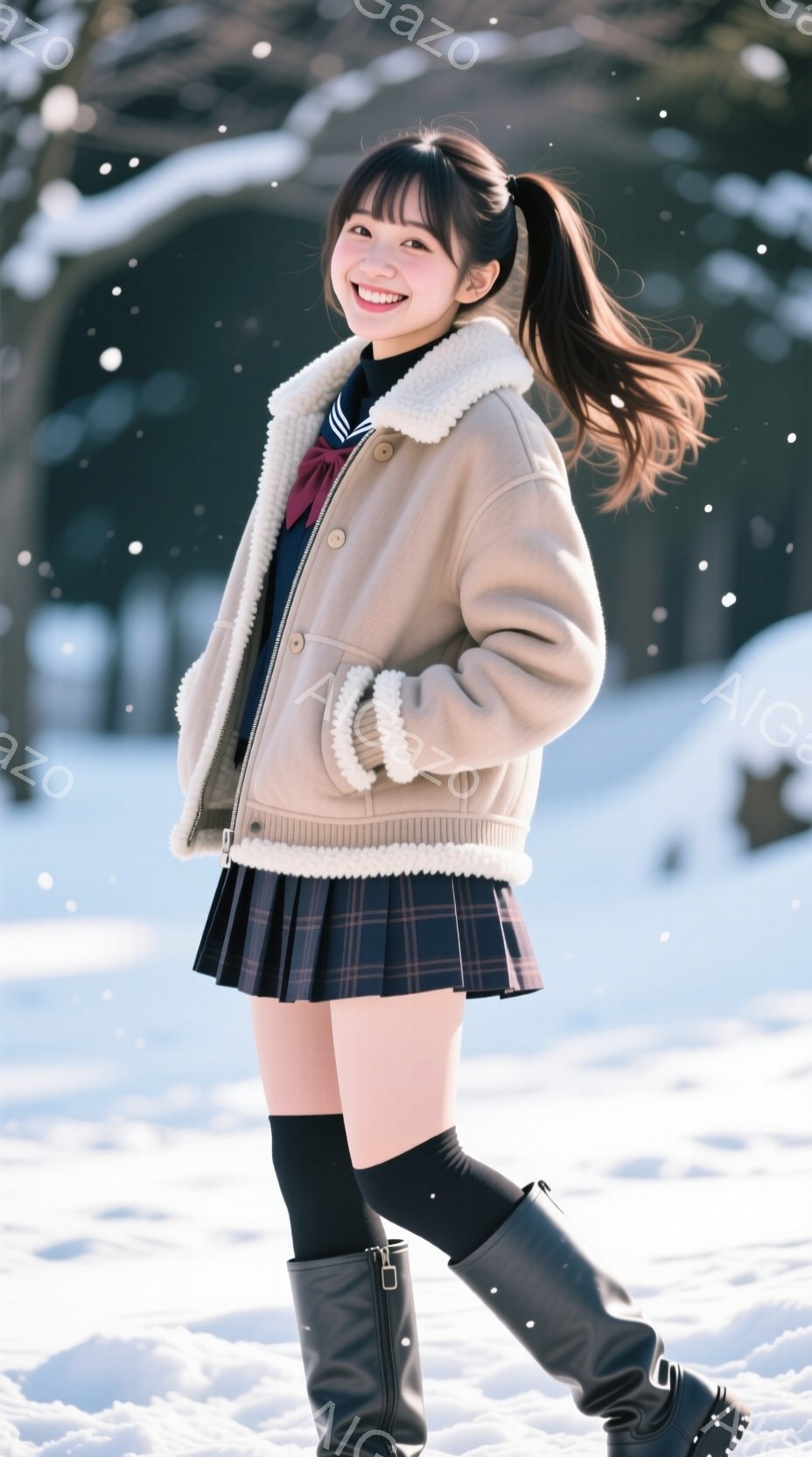 画像は、雪景色の中で笑顔の女子高生が写っている。彼女はチェック柄のスカートと黒のニーハイソックス、ロングブーツを履き、クリーム色のボアカラーのジャケットを着ている。背景は雪に覆われた木々で、冬の暖かく明るい雰囲気を醸し出している。