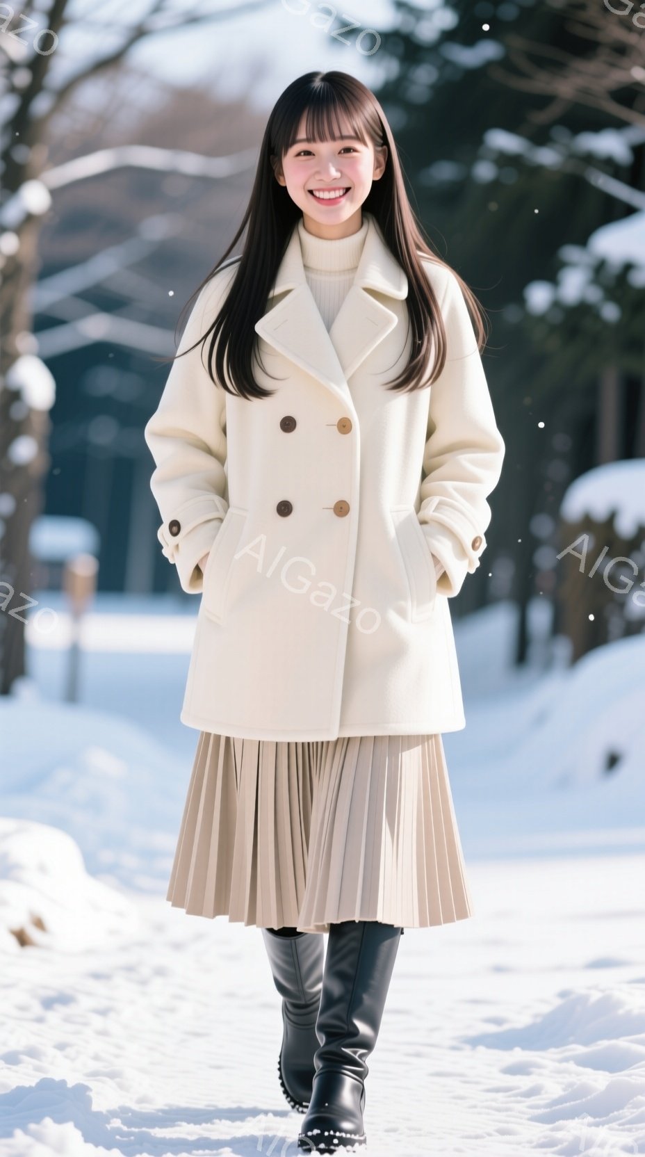 長い黒髪をなびかせ、クリーム色のオーバーサイズのコートとプリーツスカートを身に着けた女性が写っている。彼女は微笑んでおり、黒いブーツを履いて雪の中を歩いているようだ。背景には雪に覆われた木々と建物があ - AI生成フリー素材