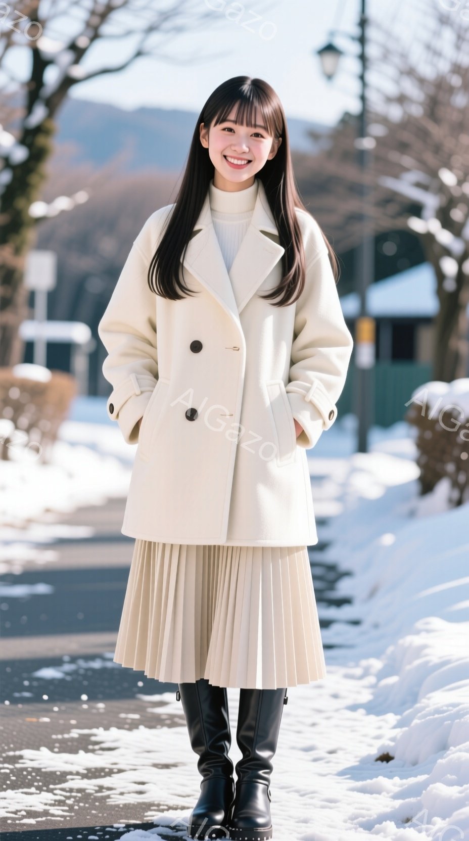 画像には、白いコートとクリーム色のプリーツスカート、黒いブーツを着用した若い女性が写っています。彼女は微笑んでおり、髪は前髪を出し、残りの髪は後ろでまとめています。背景には雪が積もった道と建物、そして - AI生成フリー素材