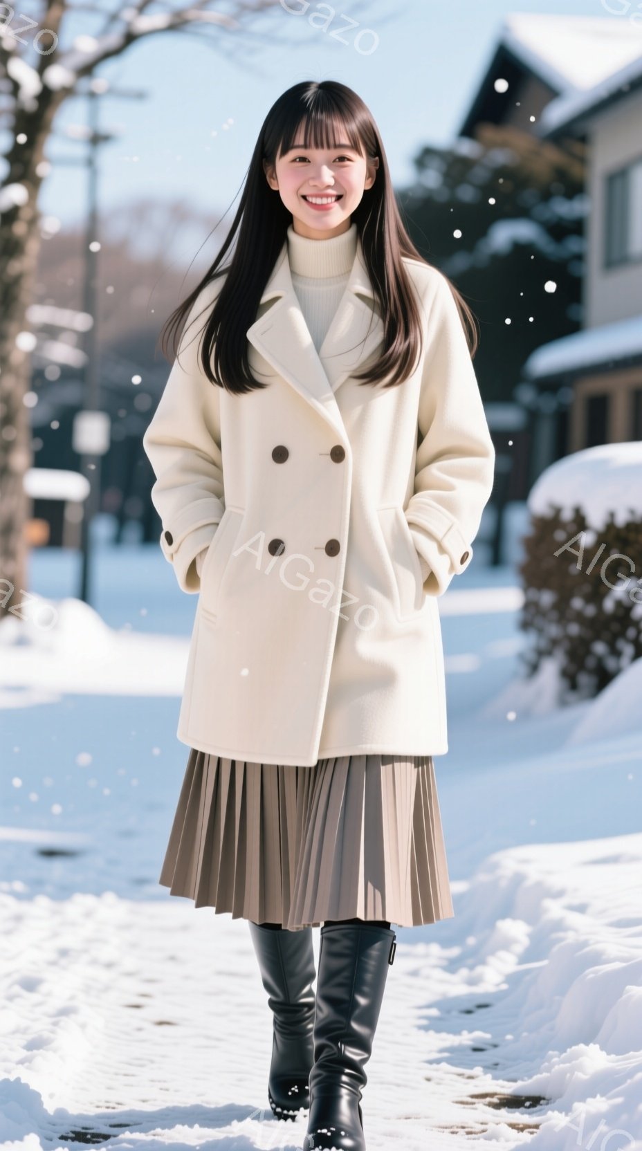 長い黒髪で前髪のある女性が、クリーム色のコートとプリーツスカート、黒いブーツを身に着けて立っています。彼女は微笑んでおり、リラックスした姿勢で、周りは雪景色で、背景には建物が見えます。全体的に、冬の穏 - AI生成フリー素材