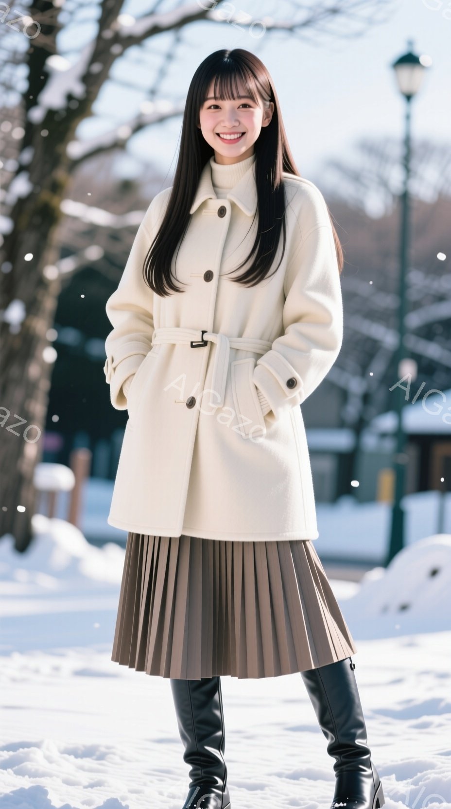 白いコートと茶色のプリーツスカートを合わせた女性が、雪景色の中で立っている。彼女は黒いブーツを履き、微笑みを浮かべている。背景には雪に覆われた木々と街灯があり、冬の穏やかな雰囲気を醸し出している。 - AI生成フリー素材