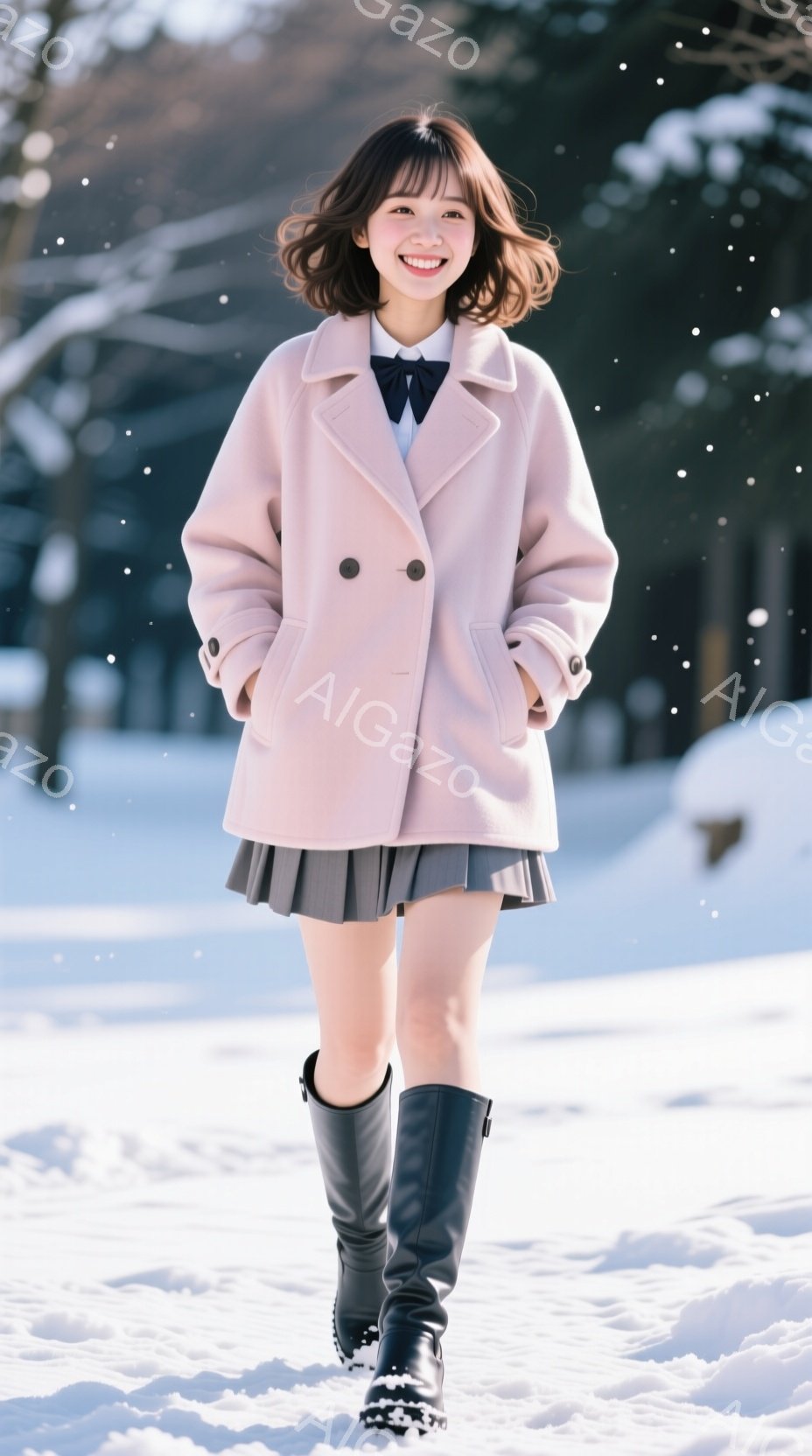 明るい笑顔の若い女性が雪の中を歩いている。ピンク色のオーバーコート、黒いスカート、ロングブーツを着用し、茶色の髪は肩のあたりでカールしている。背景は雪に覆われた木々と、ぼやけた建物で、全体的に明るく暖 - AI生成フリー素材