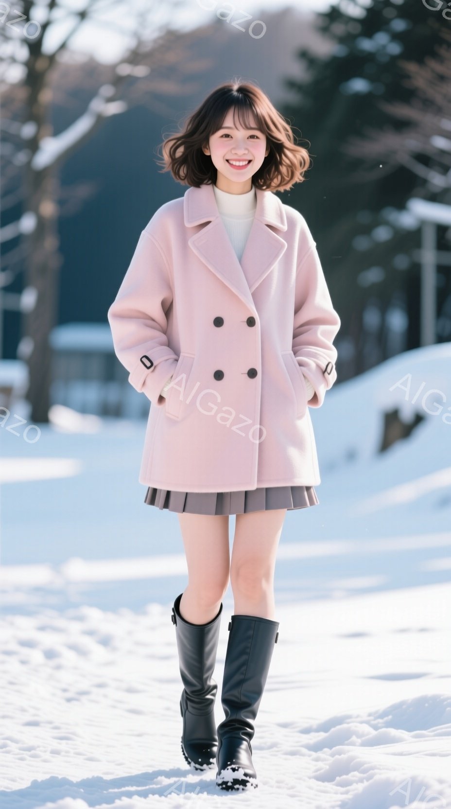 若い女性が雪景色の中で歩いている。彼女はピンク色のコート、グレーのプリーツスカート、黒いロングブーツを身に着けており、明るい笑顔を浮かべている。背景には雪に覆われた木々と建物があり、晴れた冬の日らしい穏やかな雰囲気が漂っている。