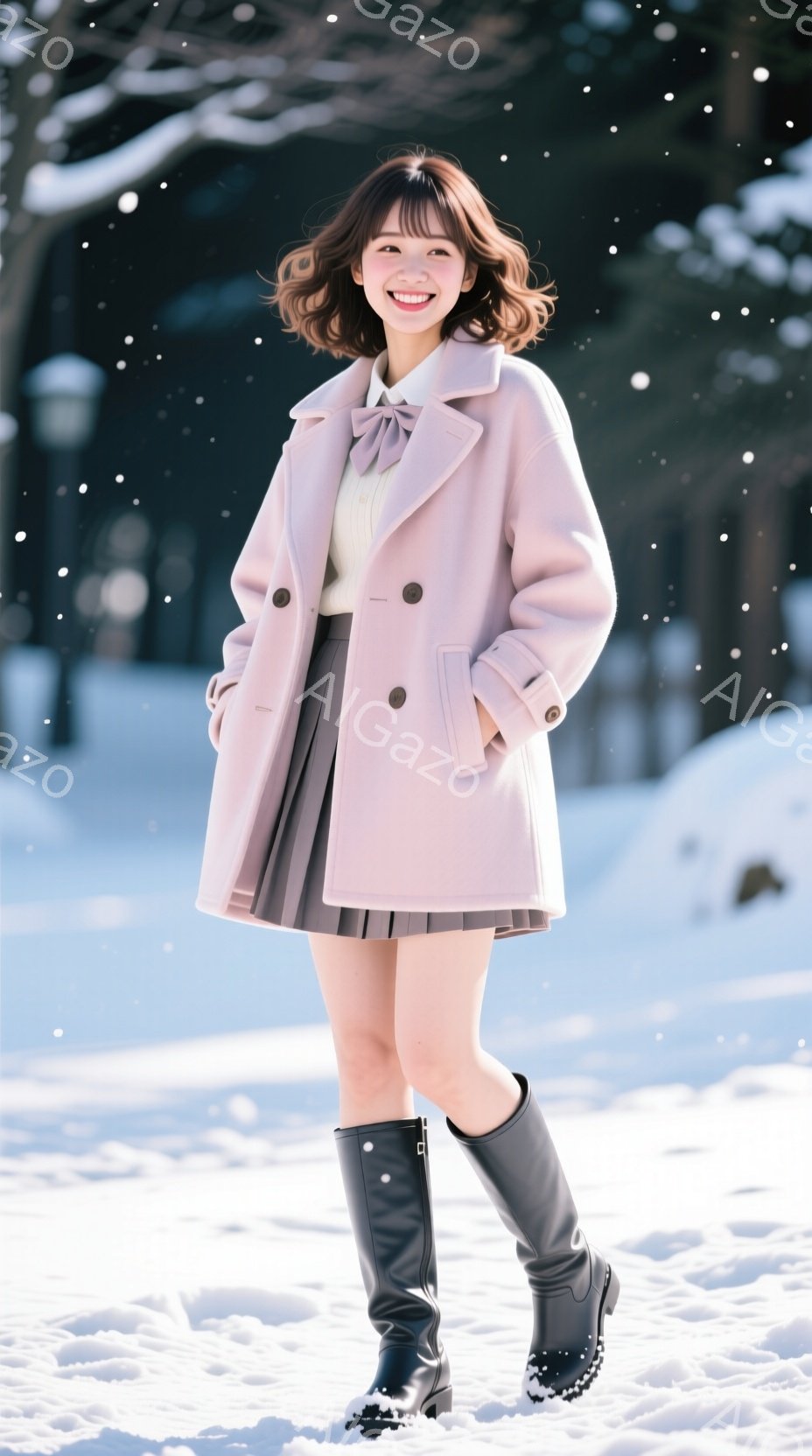 長い黒髪を軽くカールさせた女性が、薄いピンク色のオーバーコート、白のセーター、グレーのプリーツスカート、黒のブーツを身に着けて、雪景色の中を歩いています。彼女は笑顔で、少し体をひねってポーズを取ってお - AI生成フリー素材