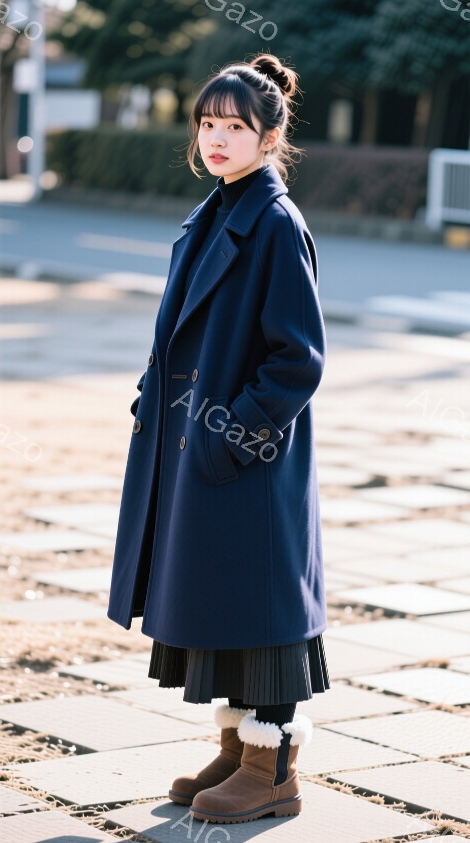 深い青色のコートを着た女性が、ひざ丈のプリーツスカートとブーツを履いて立っています。彼女は黒髪のロングヘアをハーフアップにしており、少し微笑んだ表情をしています。背景には建物や道路が見え、晴れた日の穏 - AI生成フリー素材