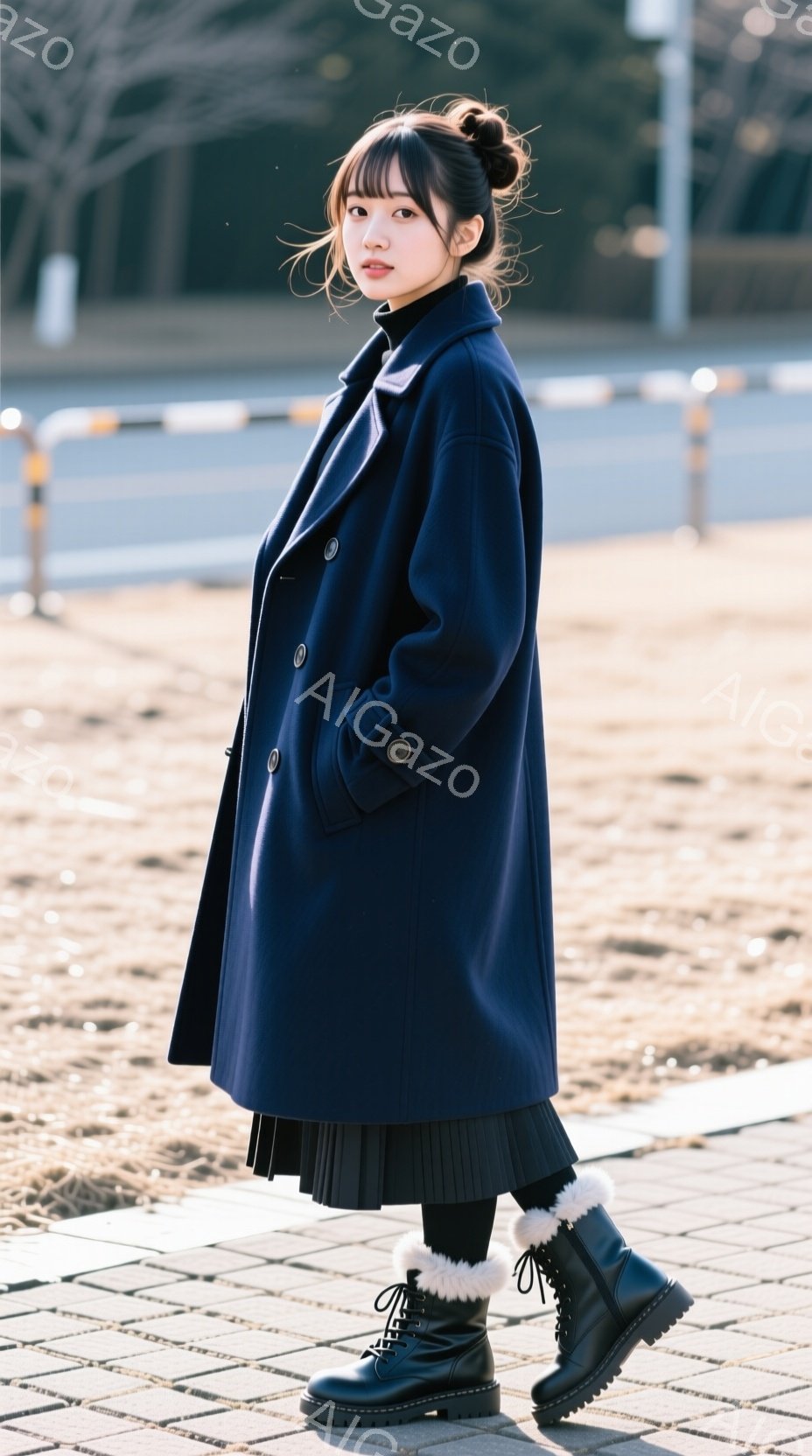 長い紺色のコートを着た若い女性が、ひざ丈のプリーツスカートと黒いブーツを履いています。彼女は軽く微笑んでおり、髪はハーフアップにして、少しカールがかかっています。背景は薄暗い自然で、おそらく冬の公園や - AI生成フリー素材