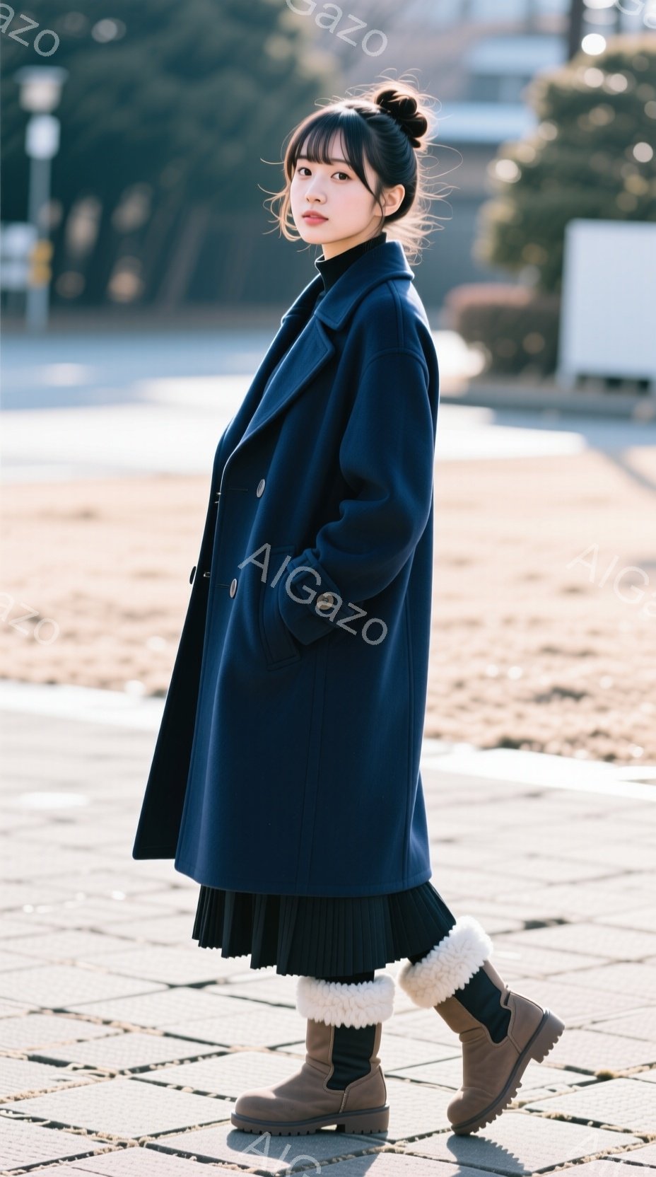 画像には、濃紺色のコートを着た若い女性が写っています。彼女はプリーツスカートと、白のファーのような装飾が付いたニットレッグウォーマー、そして茶色のブーツを履いています。背景には建物と日差しの当たる舗装 - AI生成フリー素材