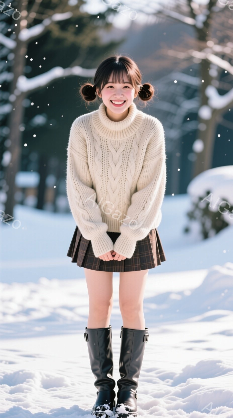 画像には、雪景色の中で微笑む若い女性が写っています。彼女はオフホワイトのケーブルニットセーターとチェック柄のプリーツスカート、そして黒い膝丈ブーツを着用しており、明るい表情で両手を合わせています。背景 - AI生成フリー素材