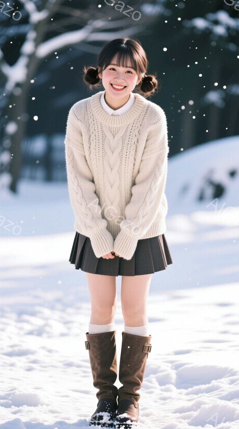 画像には、雪景色の中で微笑む若い女性が写っています。彼女はクリーム色のケーブルニットセーター、ダークブラウンのプリーツスカート、茶色のブーツを履いています。髪は後ろで二つに結ばれており、明るい笑顔で正 - AI生成フリー素材