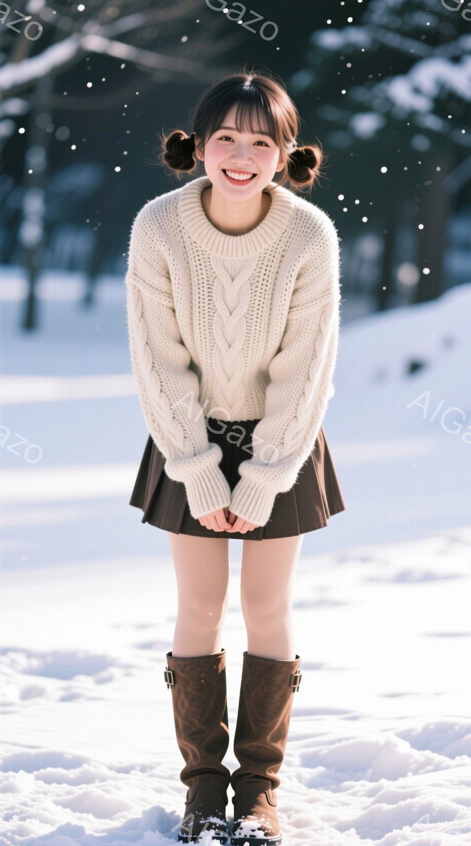 白いセーターと黒のミニスカート、茶色のブーツを履いた若い女性が写っています。彼女は両手を前に合わせて微笑んでおり、明るい表情で、冬の雪景色の中でリラックスした様子です。背景には雪に覆われた木々とぼんや - AI生成フリー素材