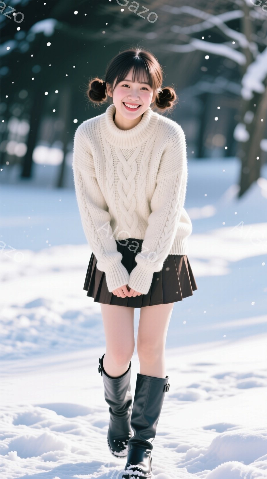 雪景色の中で、若い女性が微笑んでいます。彼女はオフホワイトのケーブルニットセーター、黒のプリーツスカート、黒のブーツを着用し、髪は二つの小さなお団子に結ばれています。背景は雪に覆われた木々と白い景色で - AI生成フリー素材