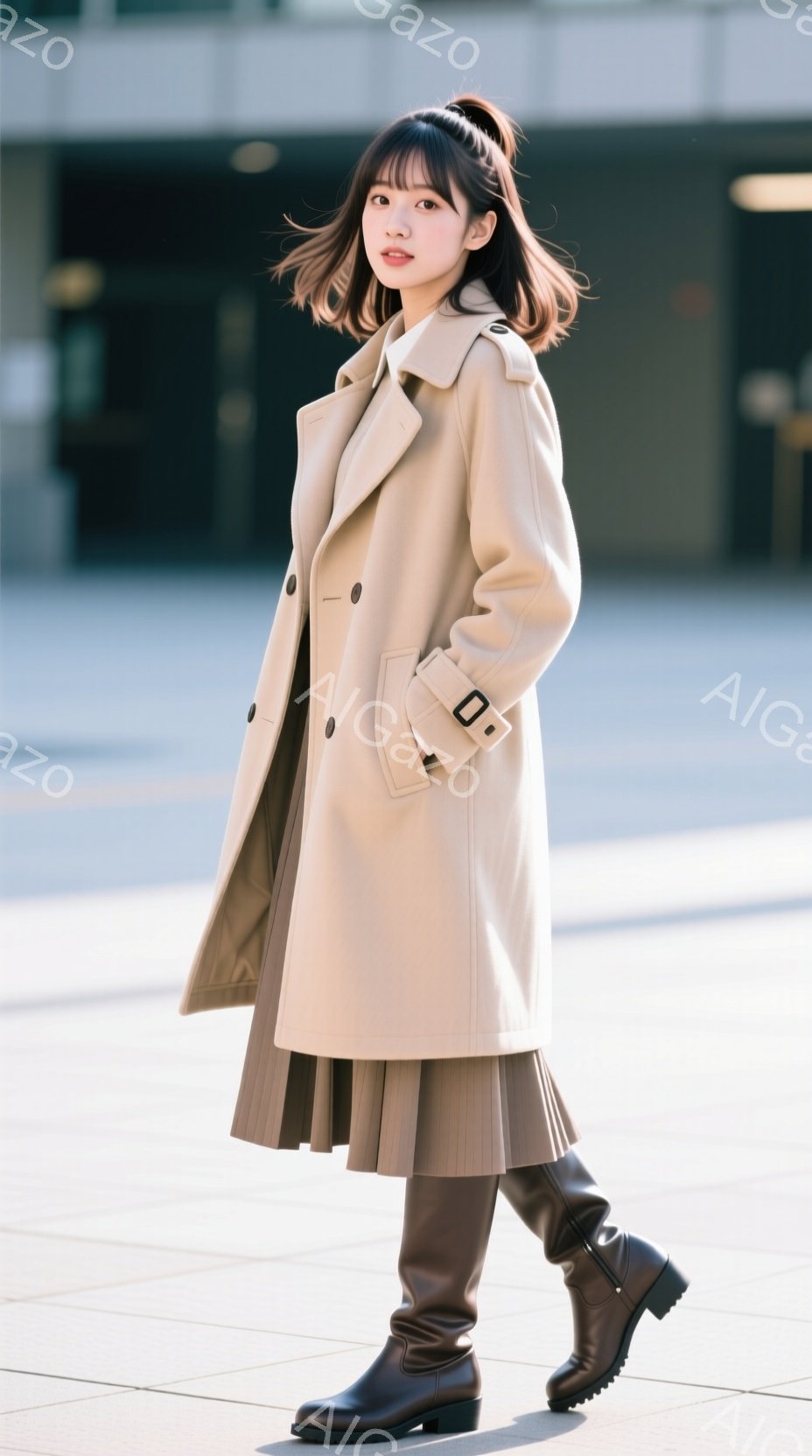 浅いベージュ色のロングコートを羽織った若い女性が立っている。ダークブラウンのプリーツスカートと膝丈のレザーブーツを合わせ、髪は前髪を出し、サイドで軽くカールさせたスタイルになっている。背景は石畳の広場 - AI生成フリー素材