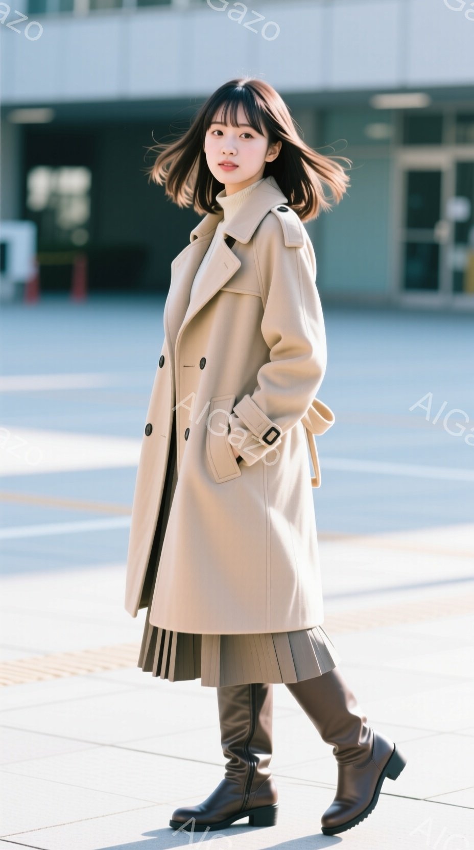 ベージュのトレンチコートを着た若い女性が、プリーツスカートとブラウンのロングブーツを履いて立っています。彼女はストレートで暗い髪を持ち、穏やかな表情でわずかに微笑んでいます。背景には灰色の建物とアスフ - AI生成フリー素材