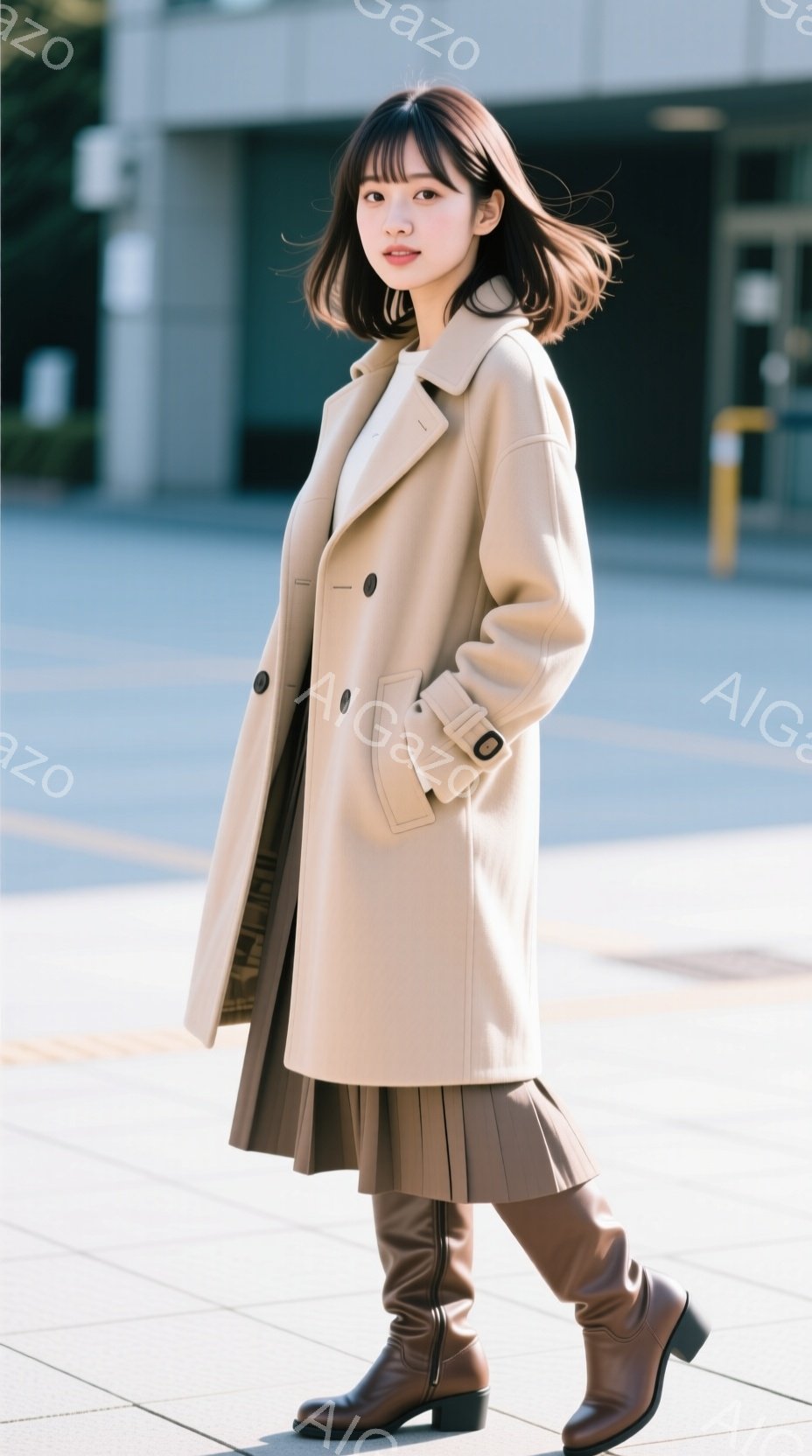 明るい茶色のロングコートを羽織り、プリーツスカートと茶色のブーツを合わせた女性が写っている。彼女は少し微笑んでおり、リラックスした表情で、軽く前を見ている。背景には建物や歩道があり、晴れた日の穏やかな街並みが広がっている。