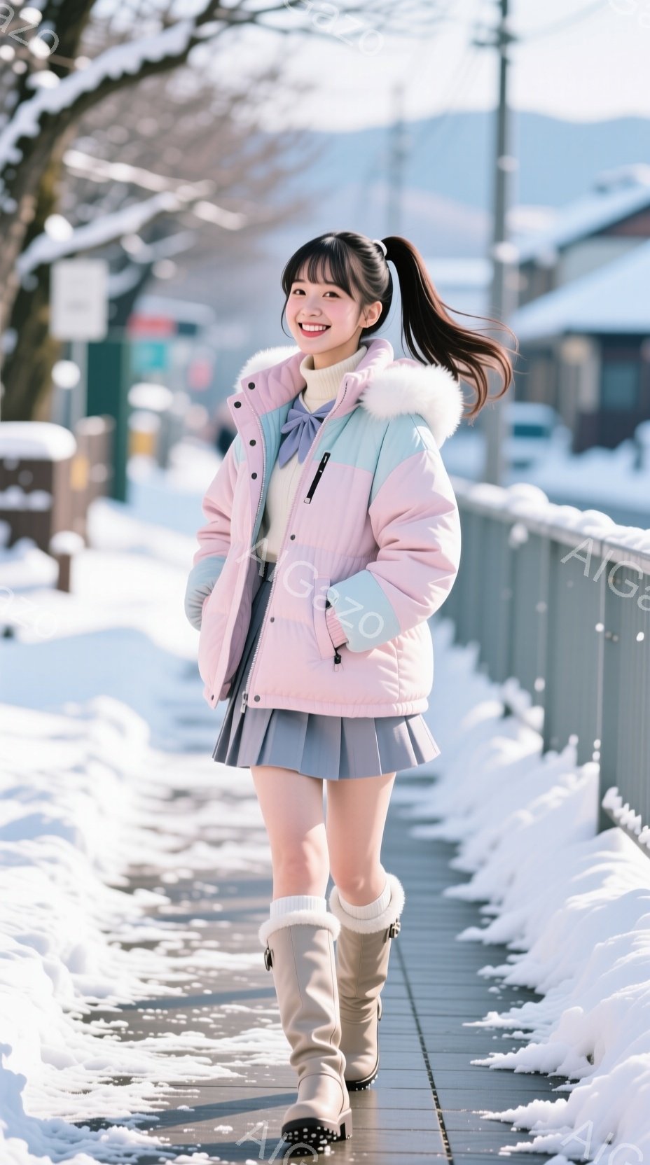 薄桃色のダウンジャケットに、水色の縁取りが施された可愛らしい女性が写っています。彼女はグレーのプリーツスカートとクリーム色のブーツを履き、明るい笑顔を見せて歩道を歩いています。背景には雪景色が広がり、木々や建物が雪に覆われています。