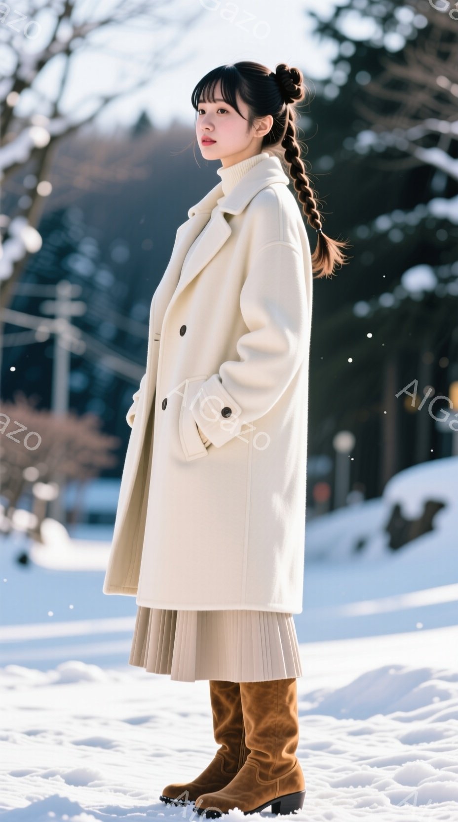 白いオーバーサイズコートを着た若い女性が、ベージュのプリーツスカートとブラウンのニーハイブーツを履いて雪の中に立っています。彼女は髪を後ろで一つにまとめ、穏やかな表情をしています。背景には雪に覆われた - AI生成フリー素材