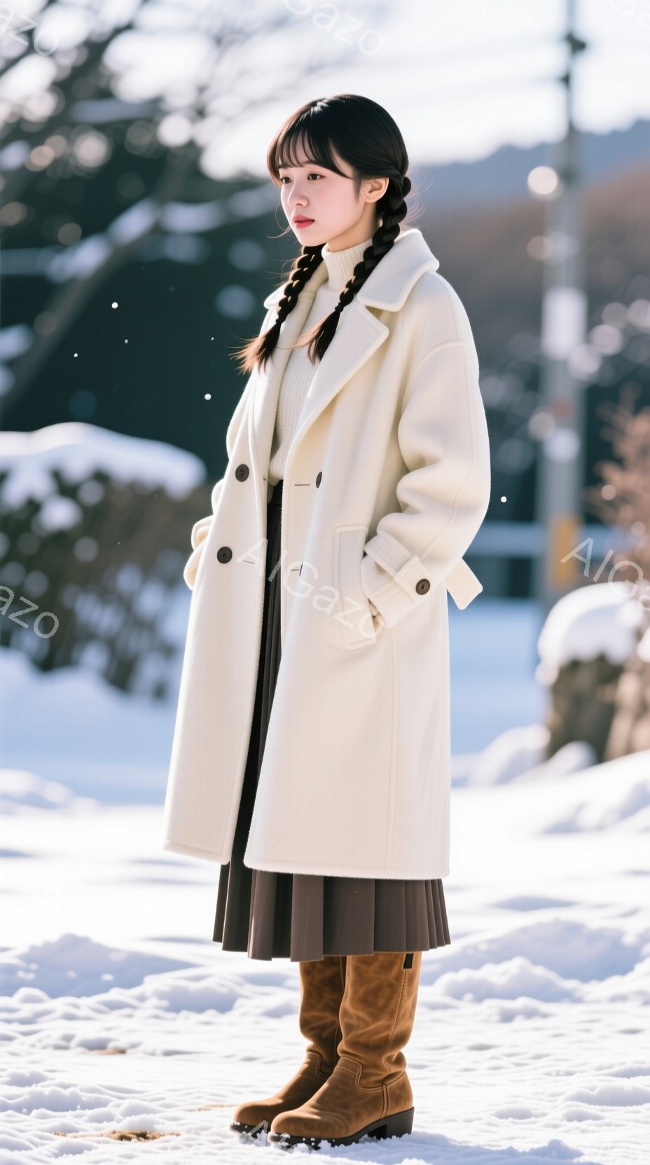 白いオーバーサイズのコートを着た若い女性が、茶色のプリーツスカートと茶色のブーツを履いて雪景色の中に立っています。彼女は髪を二つに分けて後ろで結い、少し微笑んでいます。背景には雪に覆われた木々と建物が - AI生成フリー素材