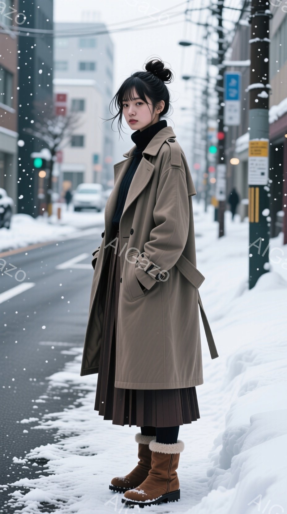 長いキャメル色のコートを着た女性が、プリーツスカートとブーツを履いて雪道に立っている。彼女は黒髪をハーフアップにし、少し憂いを帯びた表情で正面を見つめている。背景には建物や道路、そして雪が積もった風景 - AI生成フリー素材