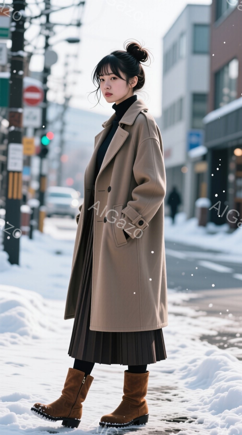 長いキャメル色のコートを羽織った女性が、プリーツスカートとブーツを履いて立っている。彼女は黒髪をハーフアップにしており、少し微笑んだ表情をしている。背景には雪が積もり、建物や道路が見え、冬の寒々とした - AI生成フリー素材