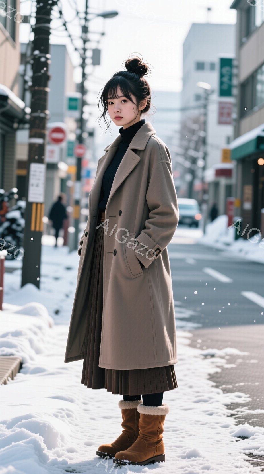 画像には、ベージュ色の長いコートを着た女性が写っています。彼女はダークブラウンのプリーツスカートと、毛皮の縁取りが施された茶色のブーツを履いています。背景は雪に覆われた道路と建物で、冬の寒い日である様子がわかります。