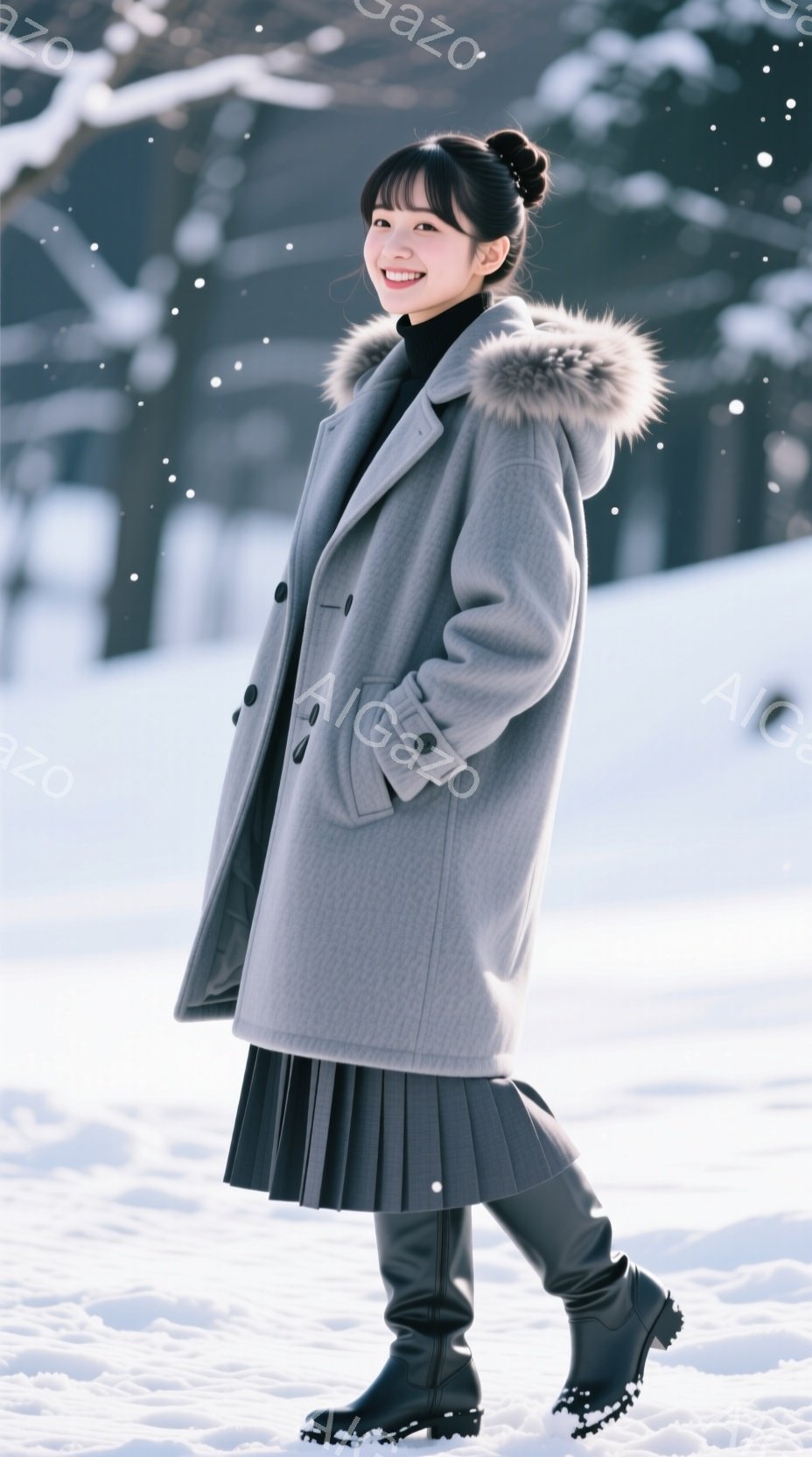 若い女性が雪景色の中で立っており、グレーのオーバーサイズのコート、黒のプリーツスカート、黒のブーツを着用しています。彼女は髪をきっちりとまとめ、明るい笑顔を見せています。背景は雪に覆われた木々や地面で - AI生成フリー素材