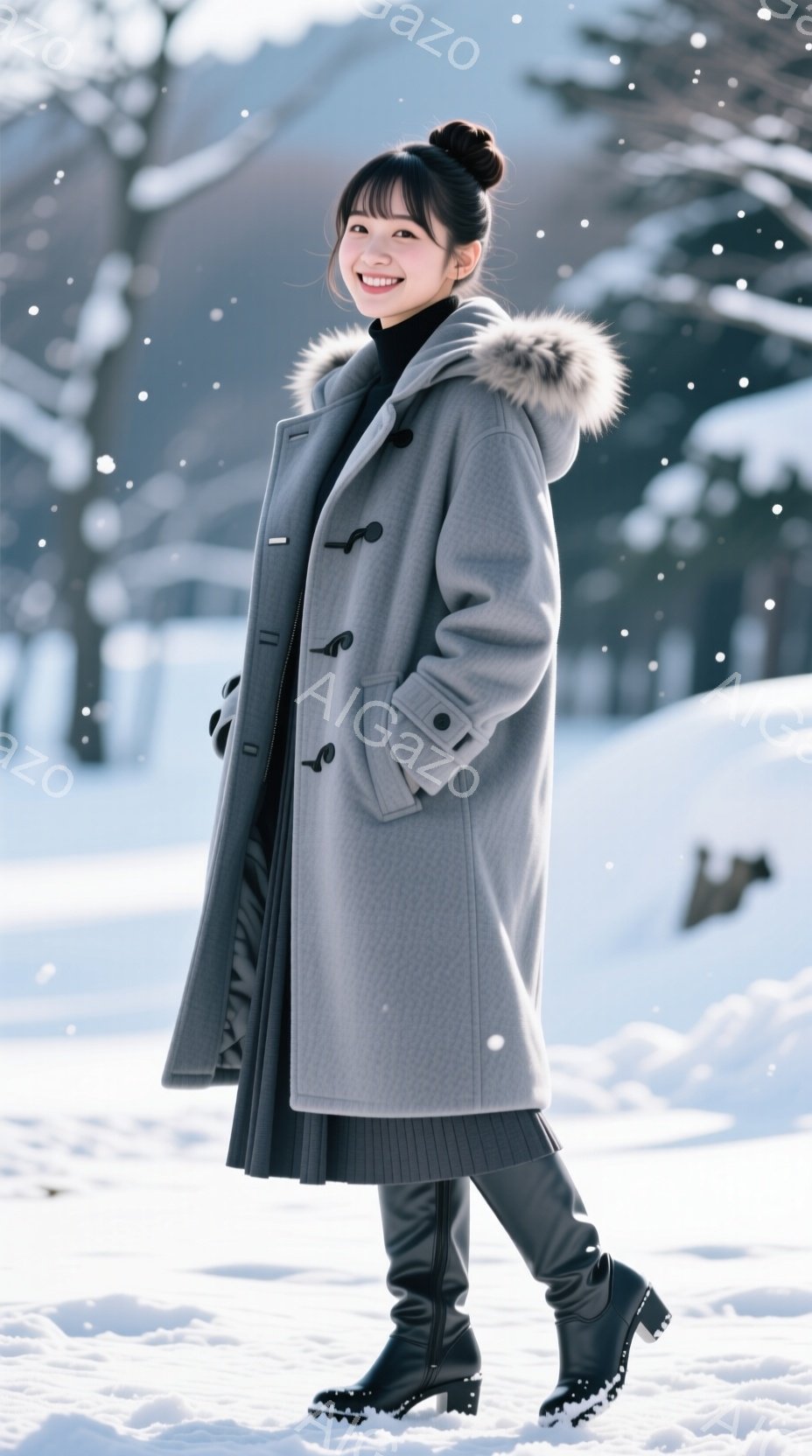 画像には、雪景色の中で立つ女性が写っています。彼女はグレーのフード付きコート、ダークグレーのスカート、黒のロングブーツを着用しており、髪はきっちりとまとめられています。彼女は微笑んでおり、自信に満ちた表情で、冬の静けさの中で凛とした姿を見せています。