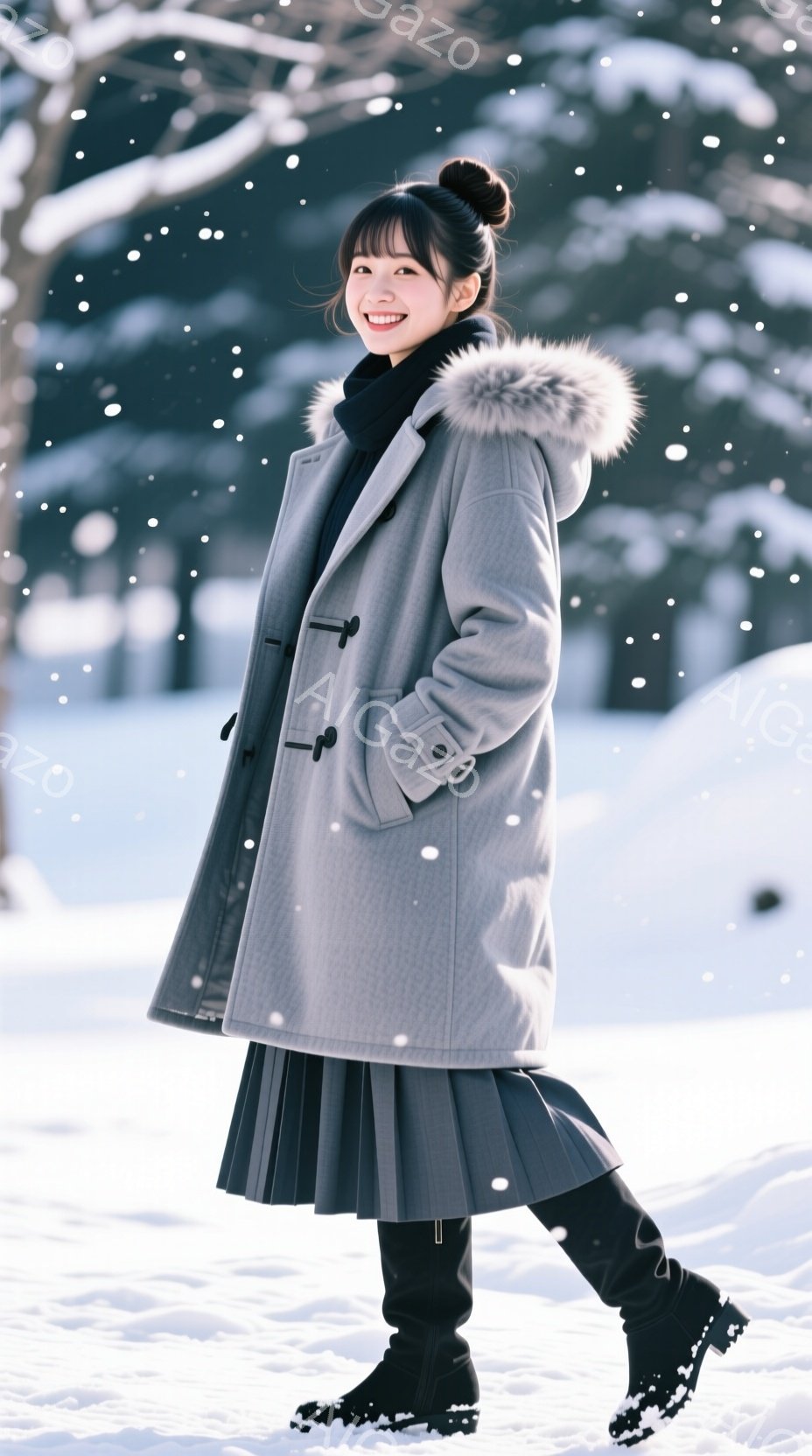 画像には、雪景色の中で笑顔を見せる若い女性が写っています。彼女はグレーのコート、黒のスカート、ブーツを着用し、髪はアップスタイルに整えられています。背景には雪に覆われた木々と穏やかな光が広がり、冬の暖かく優しい雰囲気を醸し出しています。