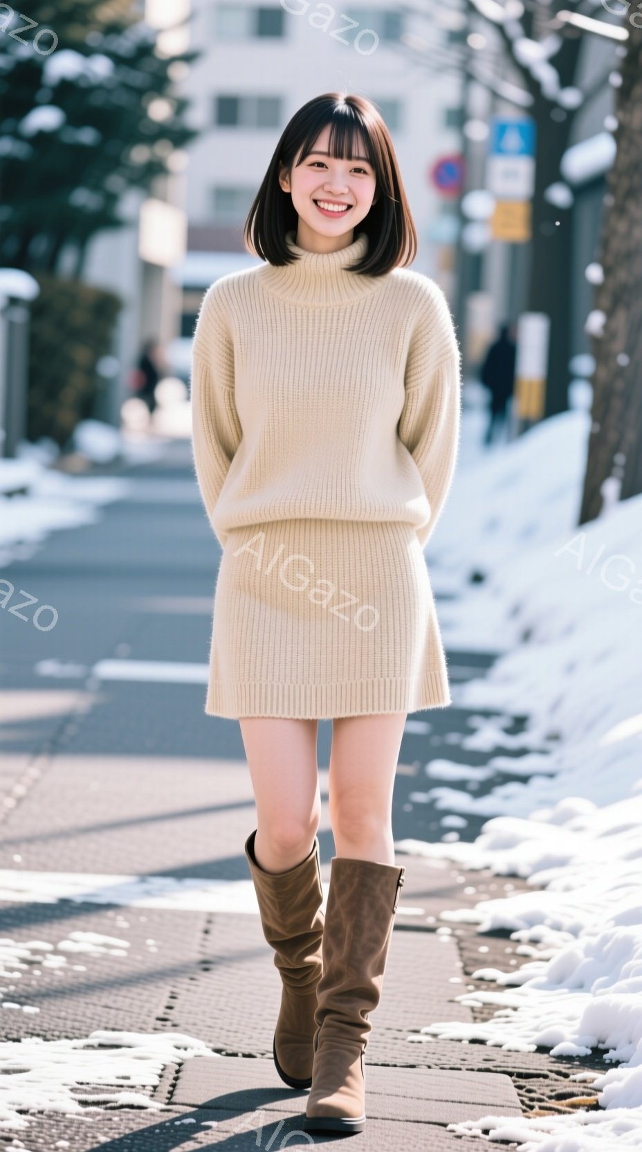 若い女性がベージュのニットワンピースと茶色の膝丈ブーツを着用し、アスファルトの歩道を歩いている。彼女は短い茶色の髪で、笑顔を見せており、全体的に明るく暖かい雰囲気である。背景には建物とわずかに雪が積もった木々があり、晴れた冬の日であることがわかる。