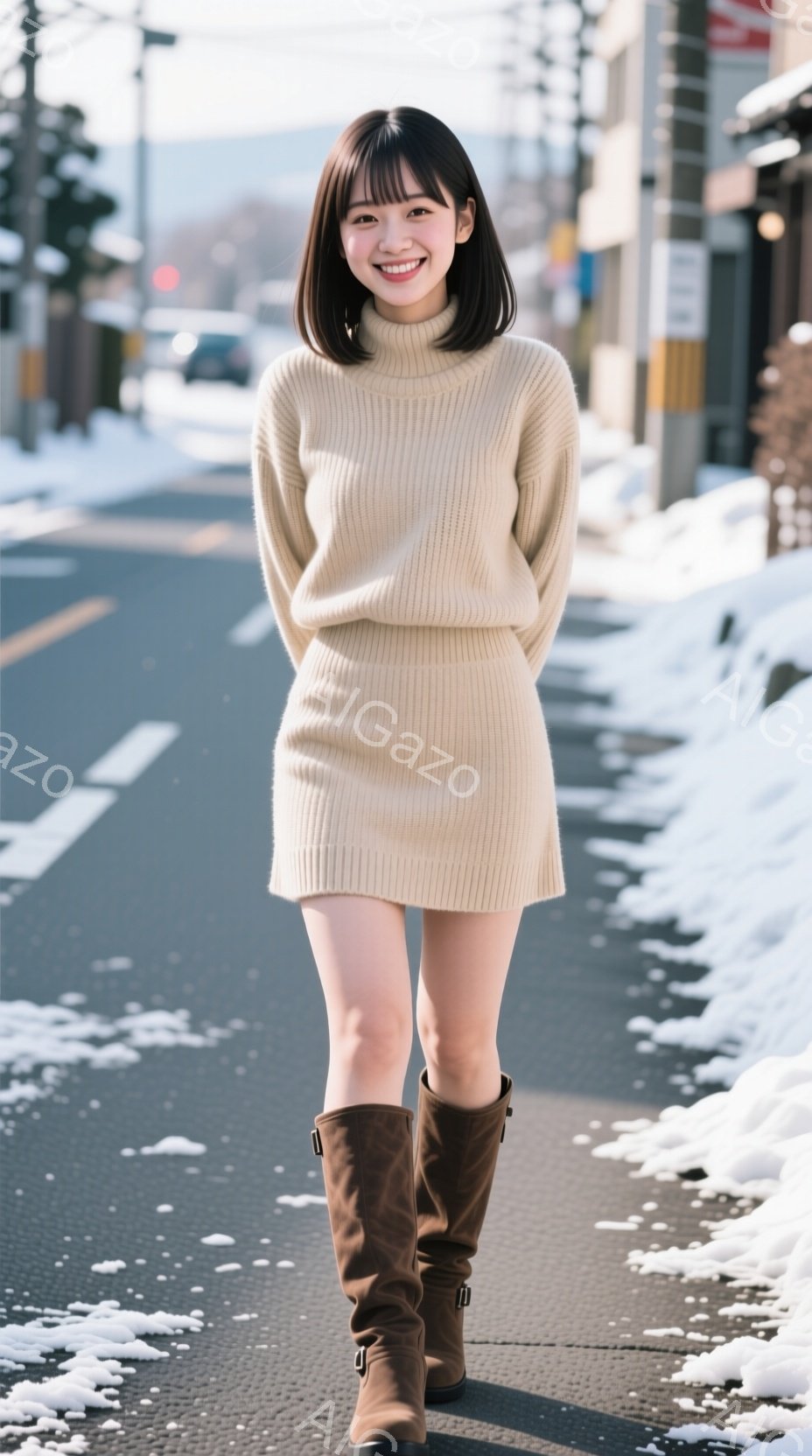 画像には、ベージュ色のニットワンピースと茶色のニーハイブーツを身に着けた若い女性が写っています。彼女は少し微笑んでおり、カメラの方を見ています。背景には、雪が残る道路と、住宅や建物が見え、冬の晴れた日 - AI生成フリー素材