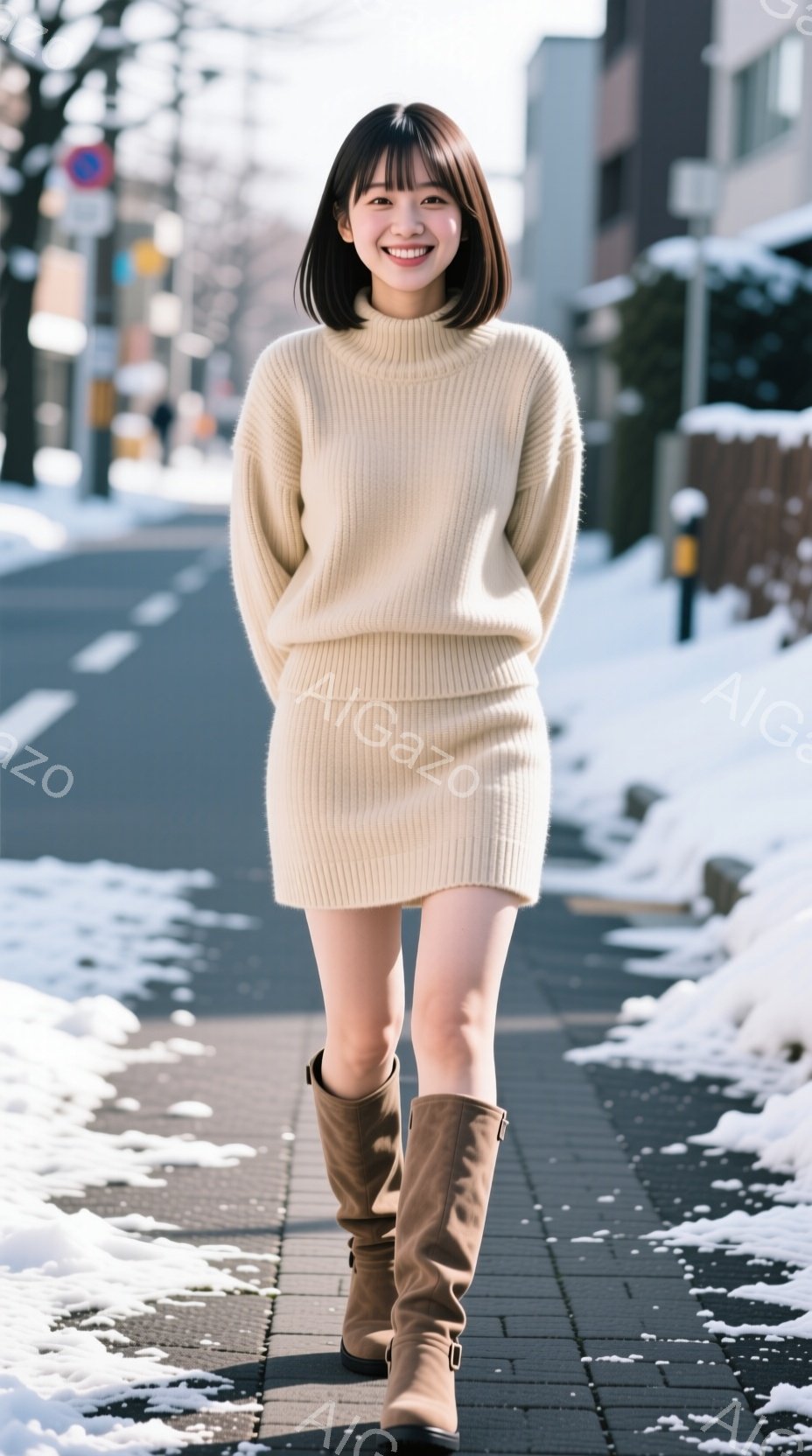 明るい日差しの下、女性が歩道を歩いている。ベージュのニットのセットアップ（セーターとスカート）に、茶色のブーツを履き、微笑んでいる。背景には建物と雪が積もった木々があり、冬の晴れた日の穏やかな雰囲気を - AI生成フリー素材