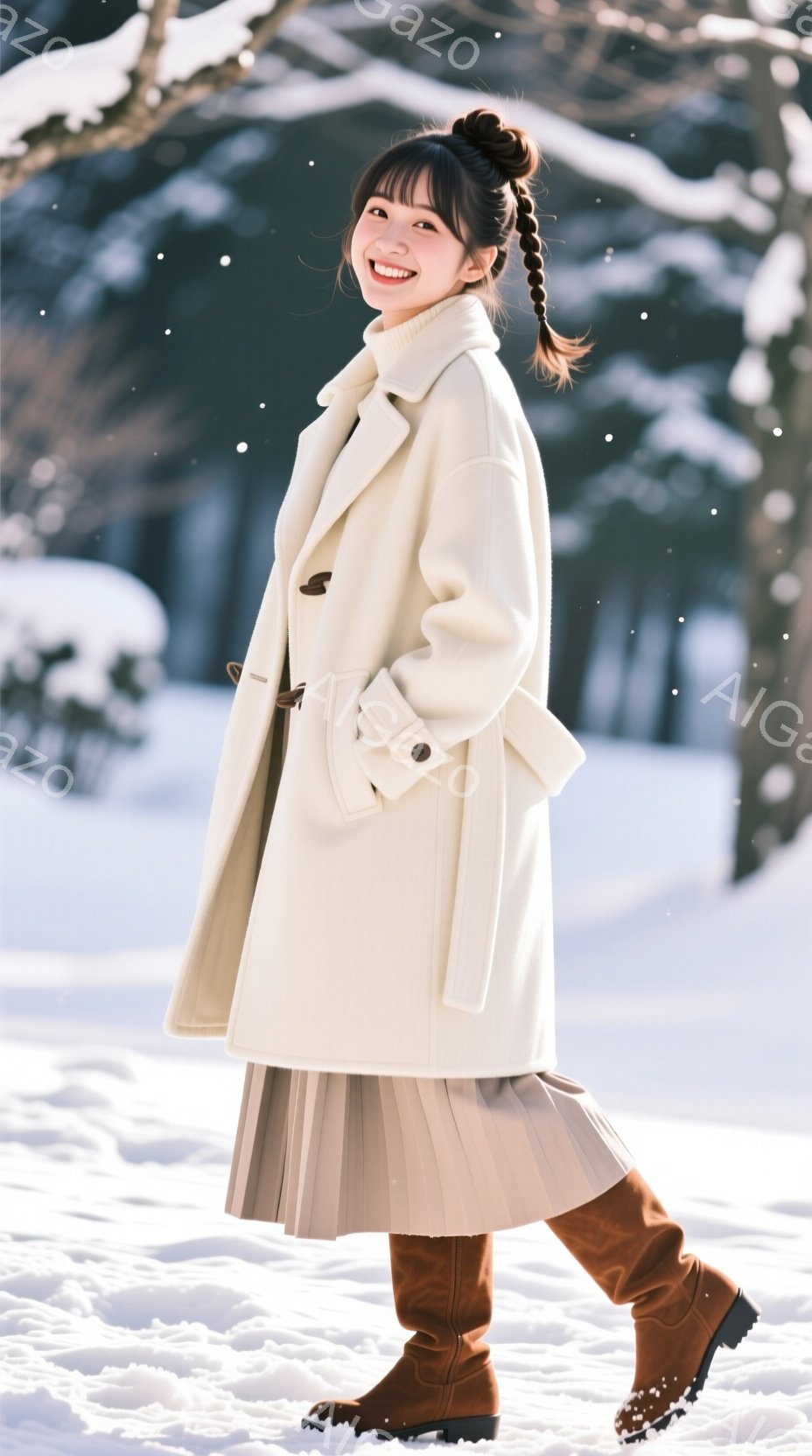 白いオーバーサイズのコートと、プリーツのロングスカート、そして茶色のブーツを身につけた女性が写っています。彼女は少し微笑んでおり、髪は後ろで三つ編みにされています。背景は雪景色で、木々が覆われており、 - AI生成フリー素材