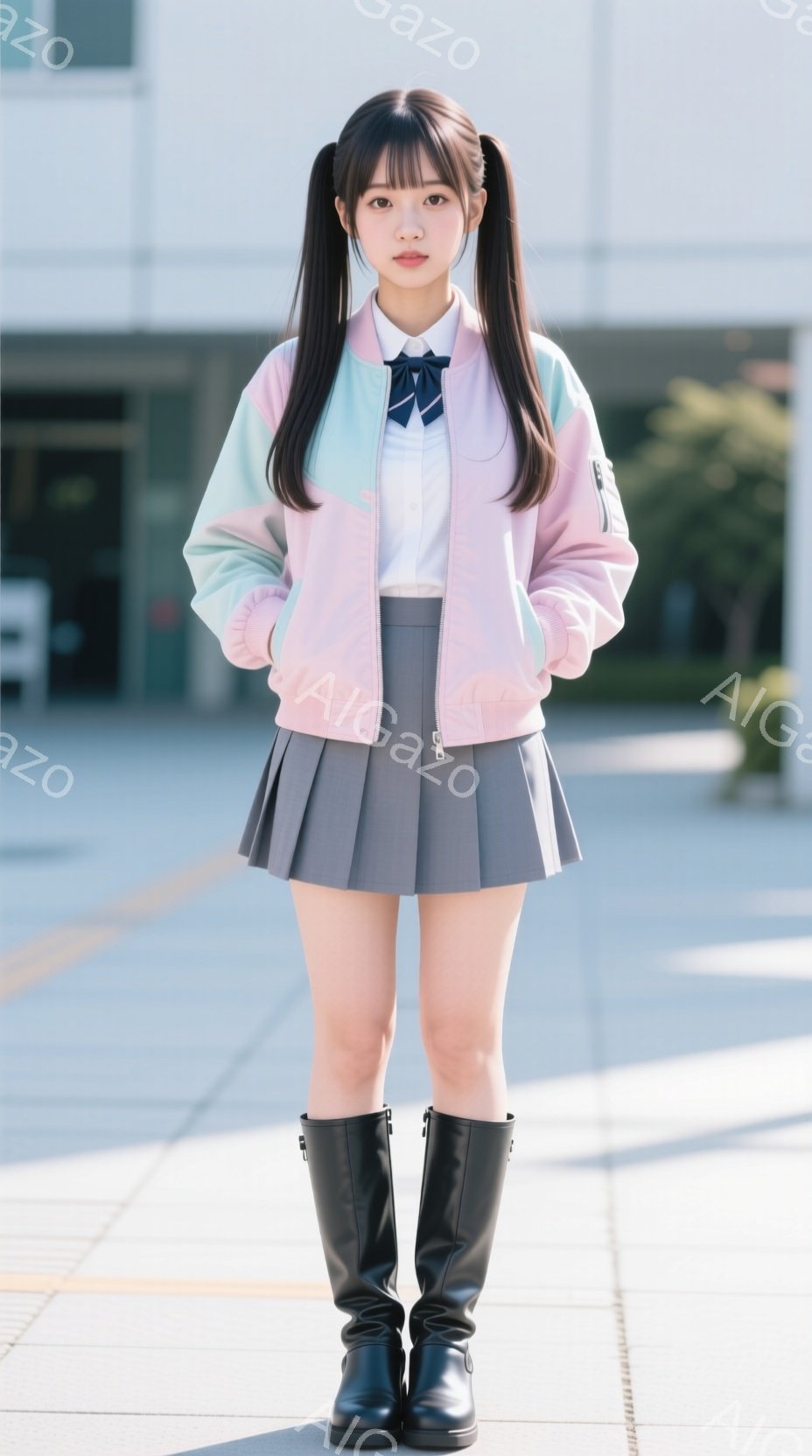 少女は制服を着て、ピンク、水色、ミントグリーンの切り替えしジャケットにグレーのプリーツスカート、黒いニーハイブーツを履いています。彼女は髪をツインテールにし、顔は正面で、少し微笑んでいます。背景にはコンクリートの歩道と現代的な建物が見え、晴れた日の穏やかな雰囲気です。