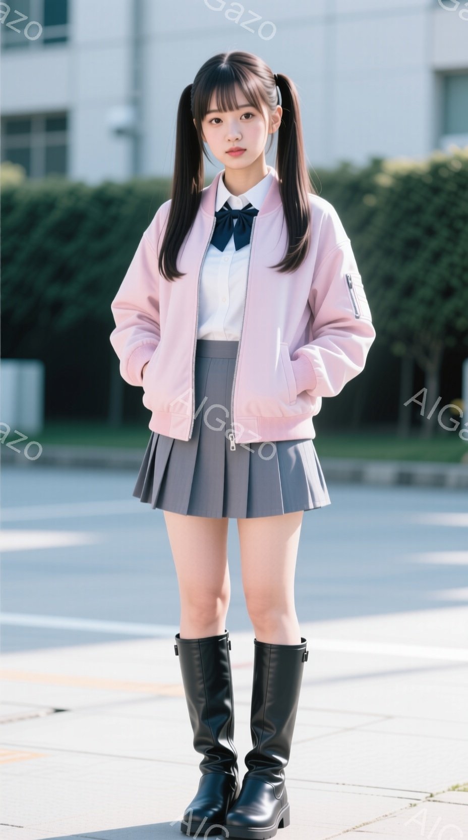 明るいピンク色のジャンパー、白いシャツ、グレーのプリーツスカート、黒いロングブーツを身につけた若い女性が立っています。彼女は髪をツインテールにしており、表情は穏やかで少し微笑んでいるように見えます。背 - AI生成フリー素材