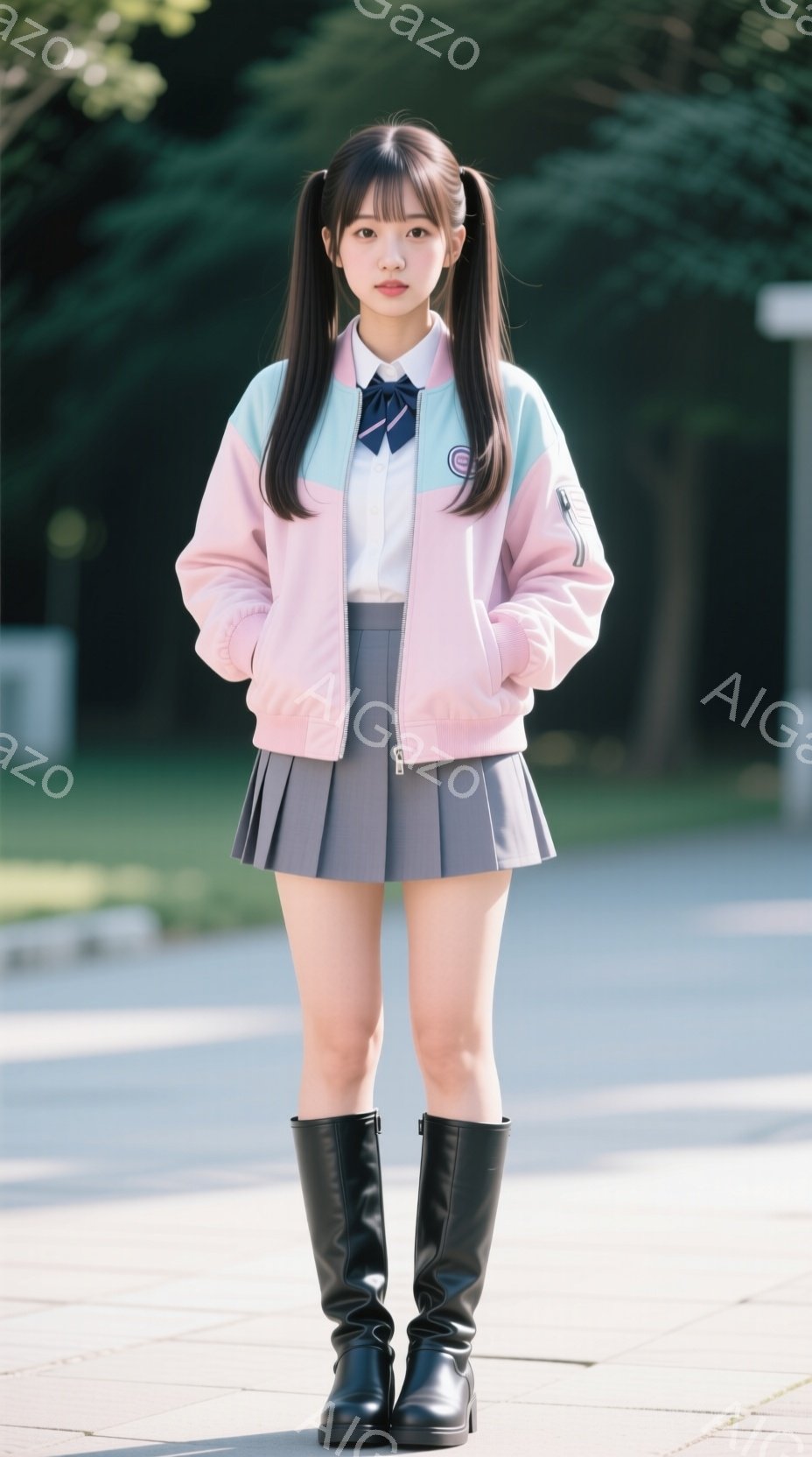 若い女性が、ピンクと水色のジャケット、白いシャツ、プリーツスカート、黒いニーハイブーツを身につけて立っています。彼女はツインテールの髪型で、顔は少し緊張した表情をしています。背景には建物と緑があり、晴れた日のように見えます。