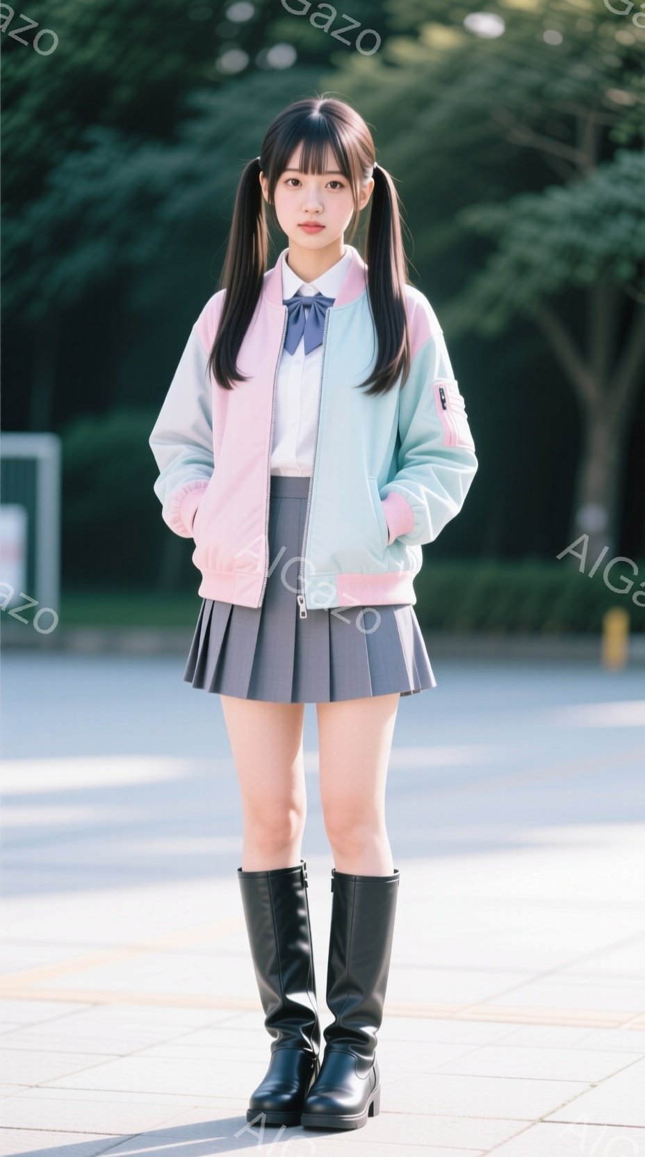 若い女性が、水色のジャケット、白いシャツ、グレーのプリーツスカート、黒いブーツを身につけて立っている。彼女はツインテールの髪型で、表情はややクールで落ち着いている。背景には緑豊かな木々と歩道があり、晴 - AI生成フリー素材