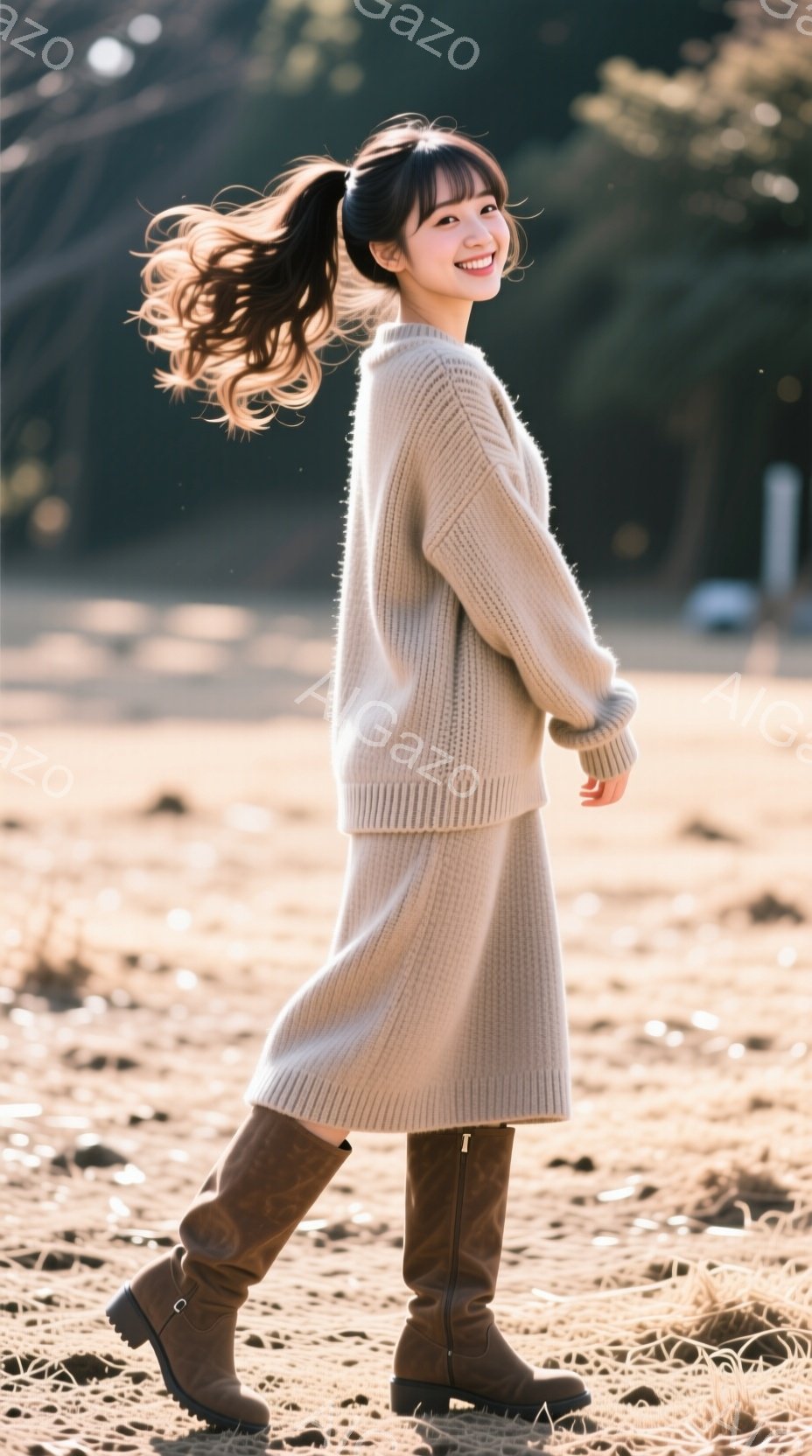 明るい日差しの下、ベージュのニットワンピースとブーツを身につけた女性が写っている。彼女は髪を高い位置でポニーテールにし、笑顔でこちらを見ている。背景にはぼやけた自然と建物が見え、穏やかで暖かい雰囲気が感じられる。