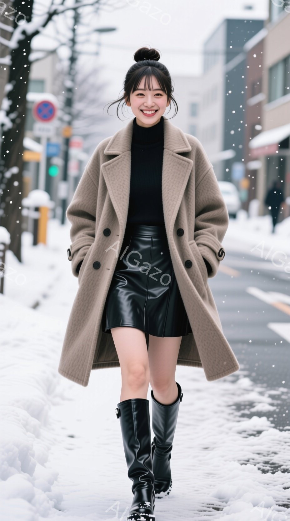 画像には、冬の街を歩く若い女性が写っています。彼女は黒のタートルネックセーターとフェイクレザーのミニスカート、そしてロングブーツを着用し、キャメル色のオーバーサイズコートを着ています。顔は笑顔で、髪は - AI生成フリー素材