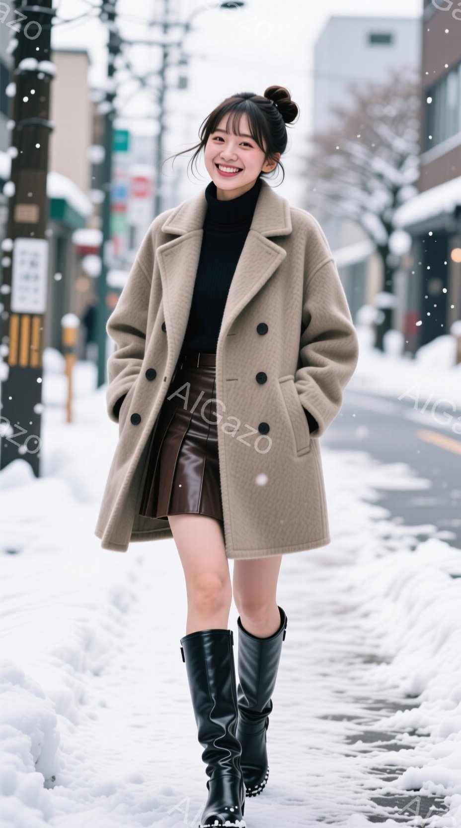 茶色のオーバーコートに黒いタートルネックセーター、そしてダークブラウンのミニスカートを着用した女性が写っています。彼女は黒いロングブーツを履き、髪をハーフアップにして微笑んでいます。背景は雪景色で、街 - AI生成フリー素材