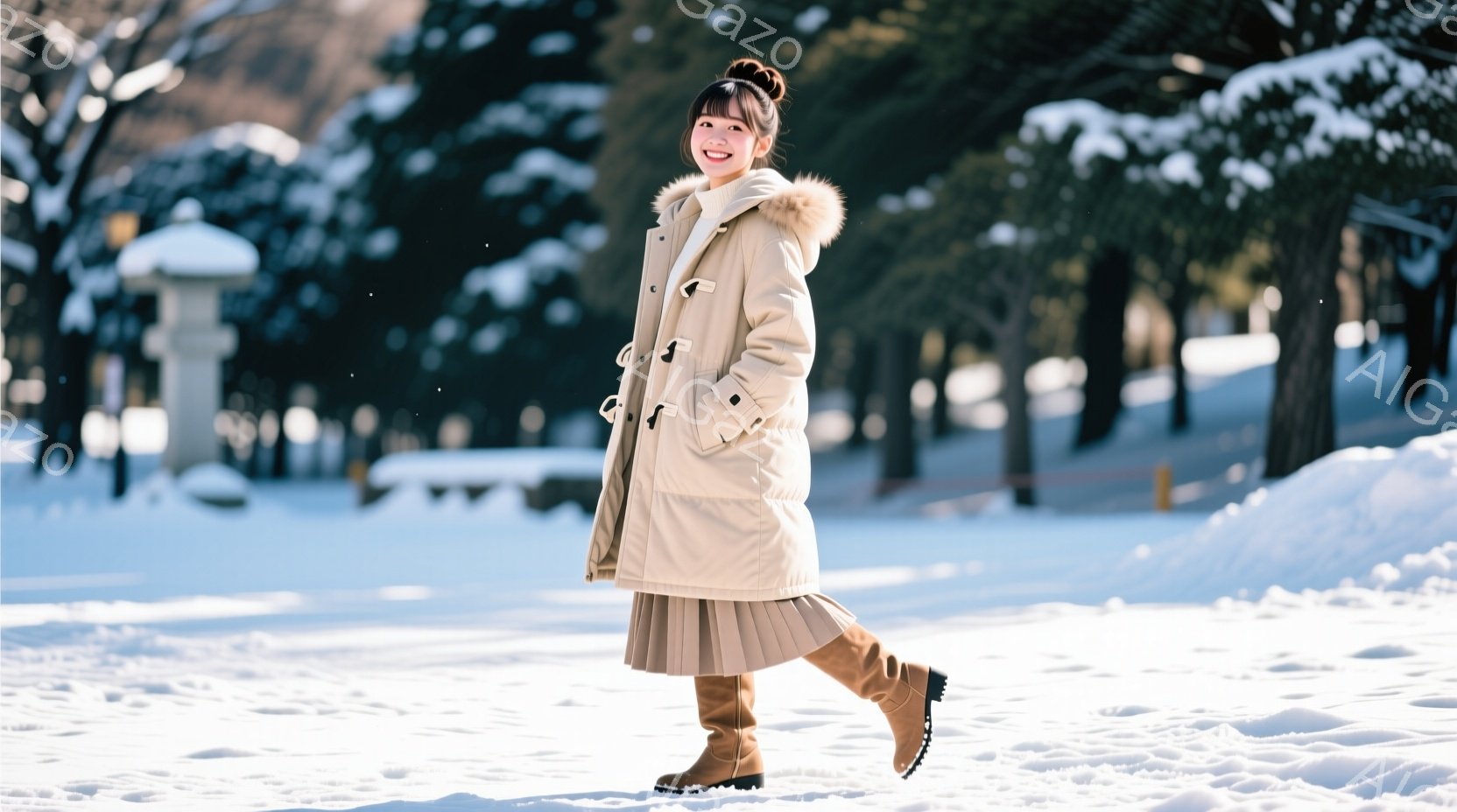 白い雪景色の中に、ベージュ色のダウンジャケットとプリーツスカートを身につけた女性が立っている。彼女は髪をハーフアップにし、笑顔でカメラを見つめている。背景には雪で覆われた木々と、遠くに見える建物があり、冬の穏やかな雰囲気が漂っている。