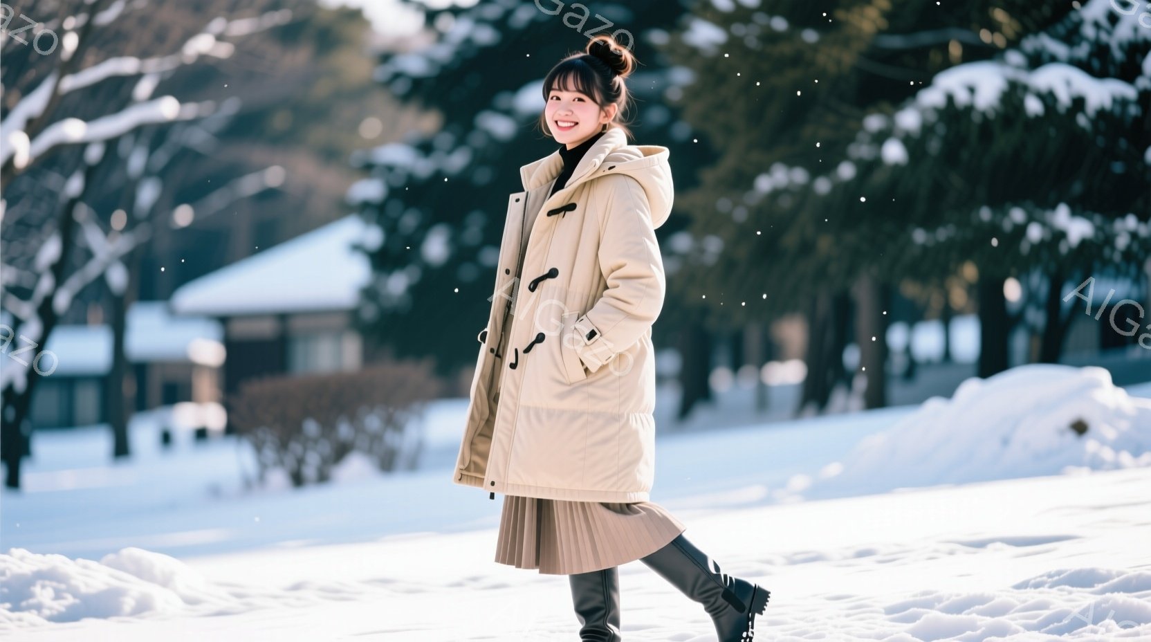 白いダウンジャケットにベージュのプリーツスカートを合わせた女性が、雪景色の中で立っています。髪は後ろでまとめられ、顔には微笑みが浮かんでいます。背景には雪に覆われた木々と建物があり、冬の穏やかな雰囲気が漂っています。