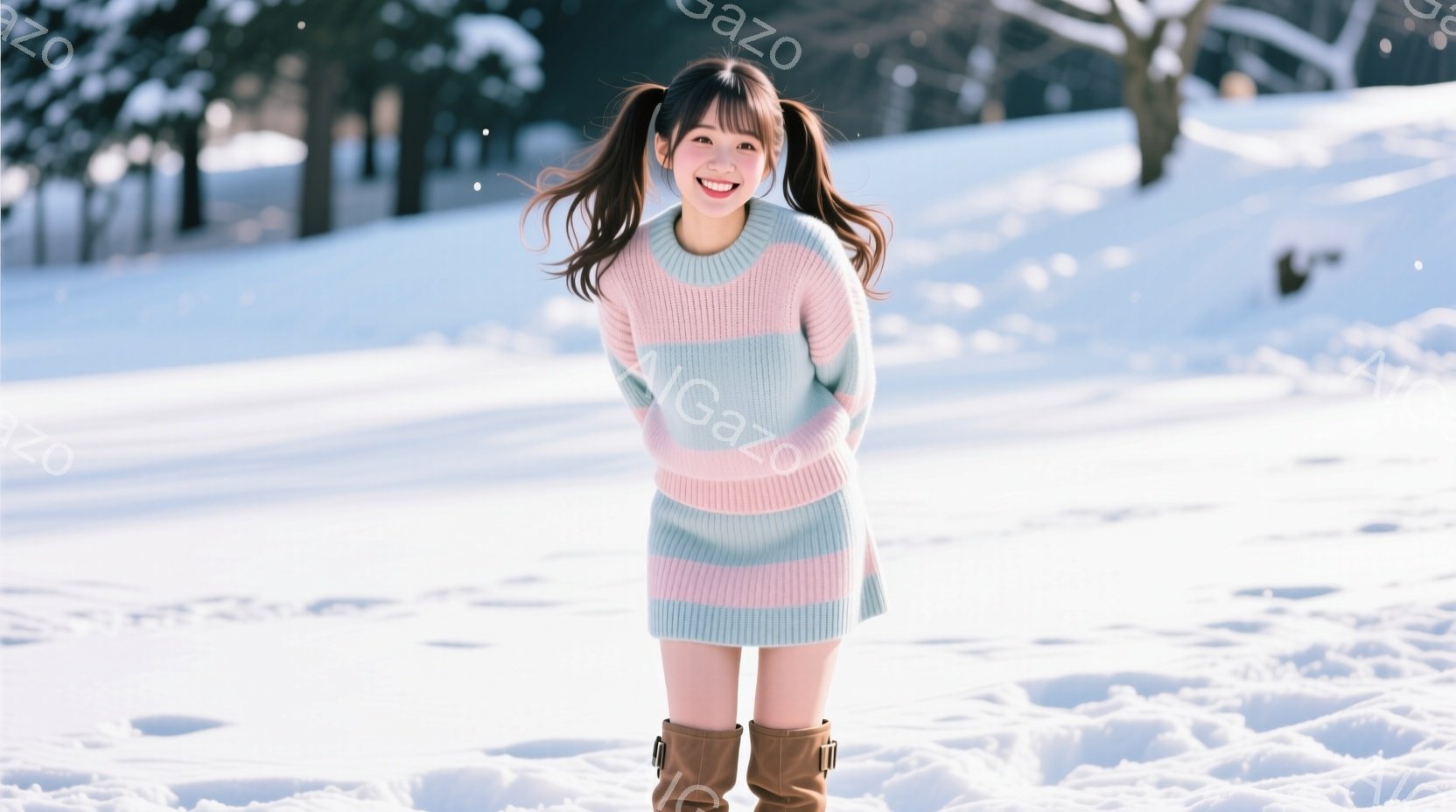 明るい笑顔の女性が、膝丈のストライプのセーターとブラウンのブーツを身に着けて雪景色の中に立っている。彼女は髪をハーフアップにしており、両手を軽く組んでリラックスした姿勢だ。背景には雪に覆われた木々と、 - AI生成フリー素材