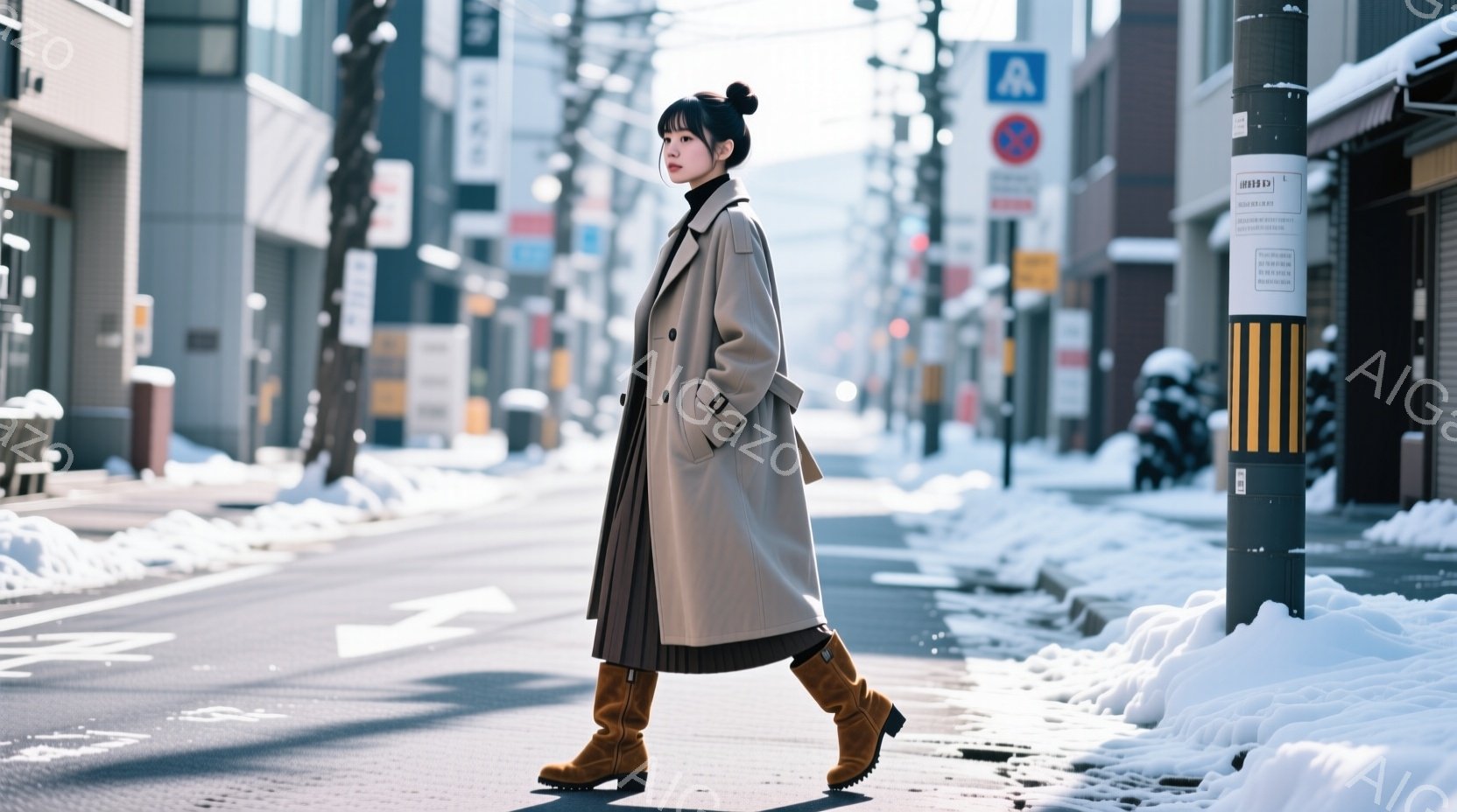 長いベージュ色のコートを羽織り、膝丈のプリーツスカートと茶色のブーツを履いた女性が写っている。彼女は少し上目遣いで、表情は穏やかで、歩いている最中である。背景には雪が積もり、建物が並び、冬の住宅街の静 - AI生成フリー素材