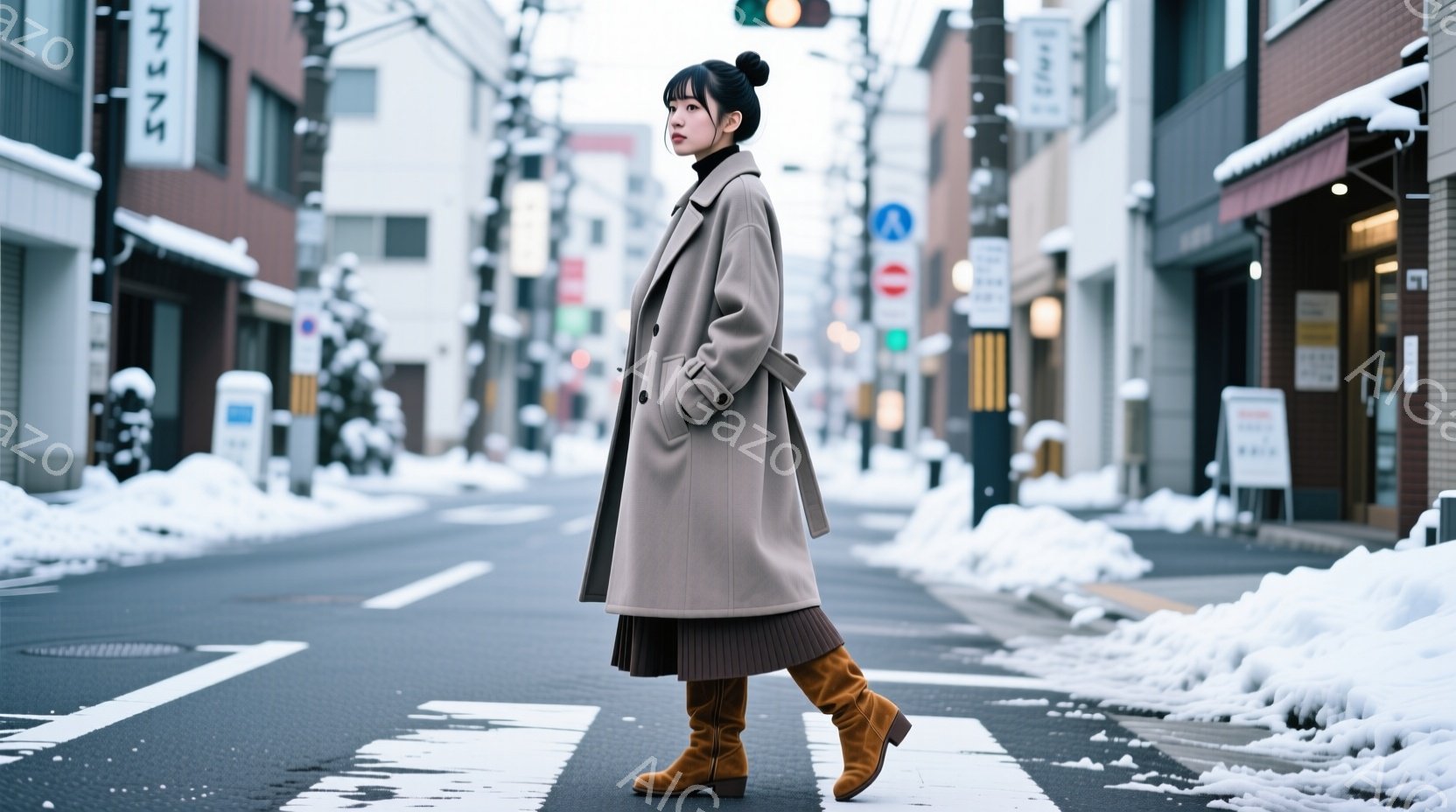 モデルはベージュのロングコートと茶色のミディアム丈ブーツを着用し、横断歩道上を歩いています。彼女は後ろ姿で、髪は後ろでまとめられています。背景には雪が積もった建物や道路が見え、冬の街並みが広がっています。